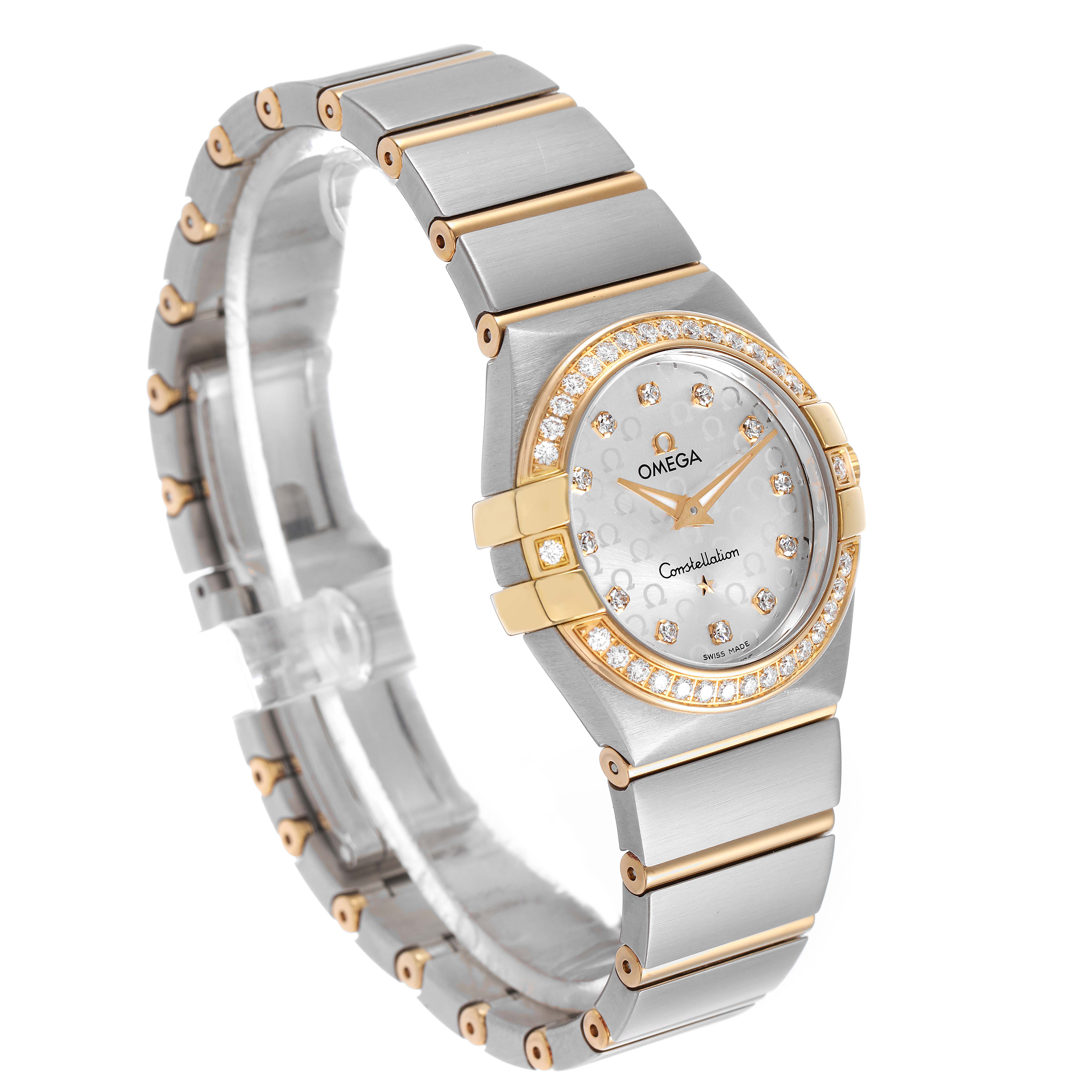 The Omega 123.25.27.60.52.002 Women's Steel and Gold (two tone) Silver Dial Constellation Steel Yellow Gold Diamond Watch is shown at a three-quarter angle, highlighting its bracelet, bezel, and dial.