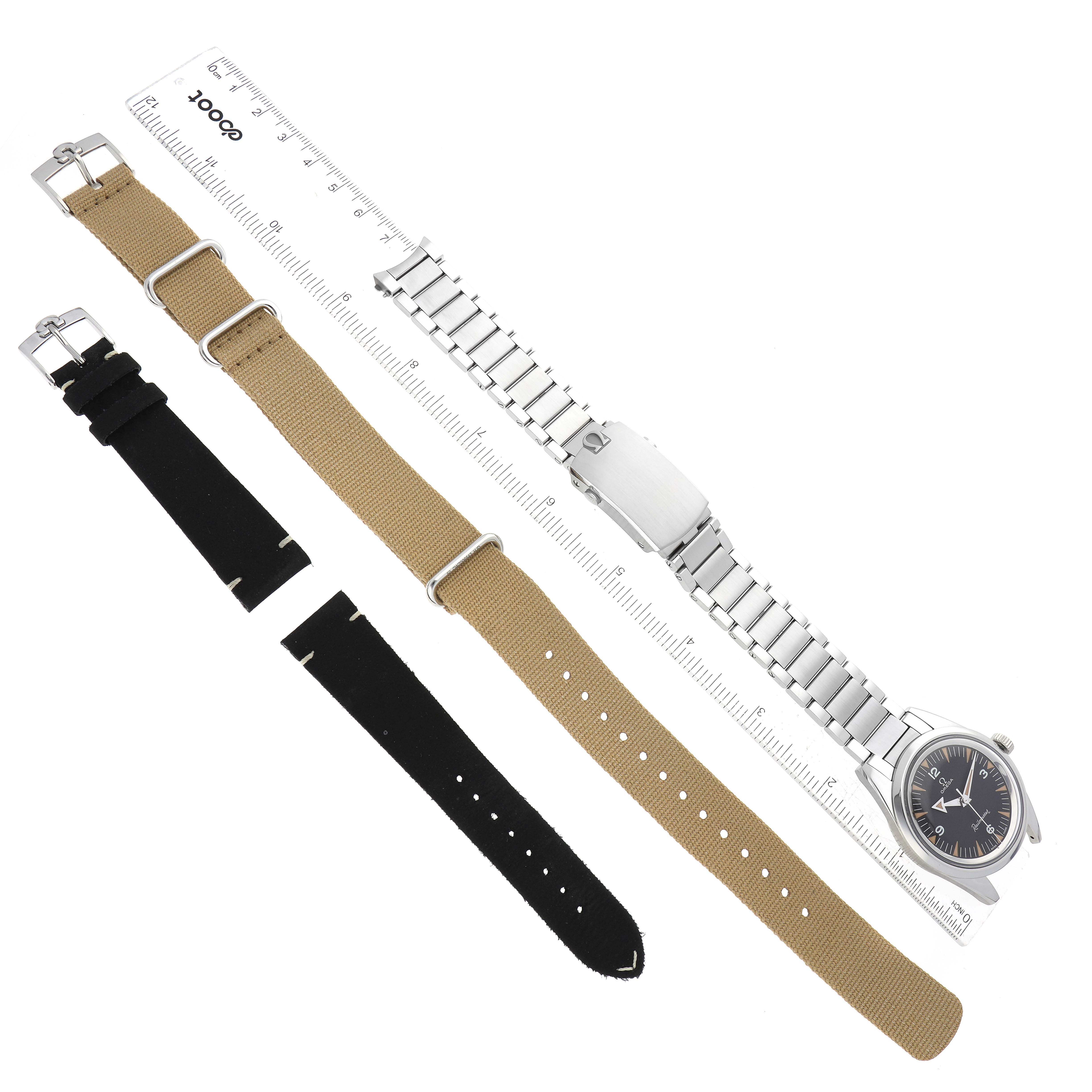 The Omega Seamaster 220.10.38.20.01.002 Men's Stainless Steel Black Dial 220.10.38.20.01.002 Men's Stainless Steel Black Dial watch is shown at a top-down angle with three different straps (metal, black, and khaki).