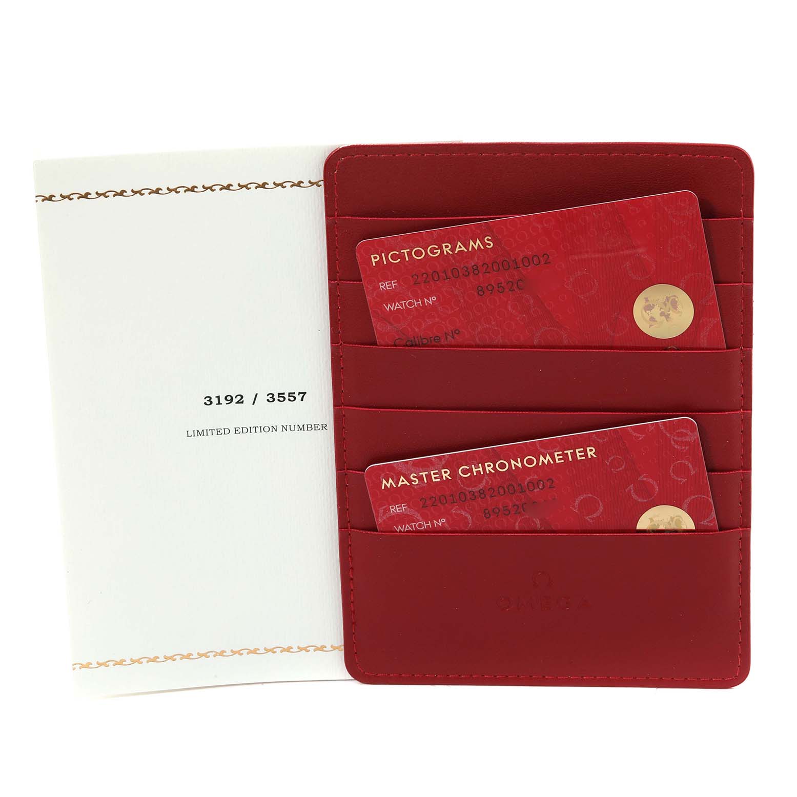 The image shows documentation and authenticity cards for the Omega Seamaster 220.10.38.20.01.002 Men's Stainless Steel Black Dial 220.10.38.20.01.002 Men's Stainless Steel Black Dial model.