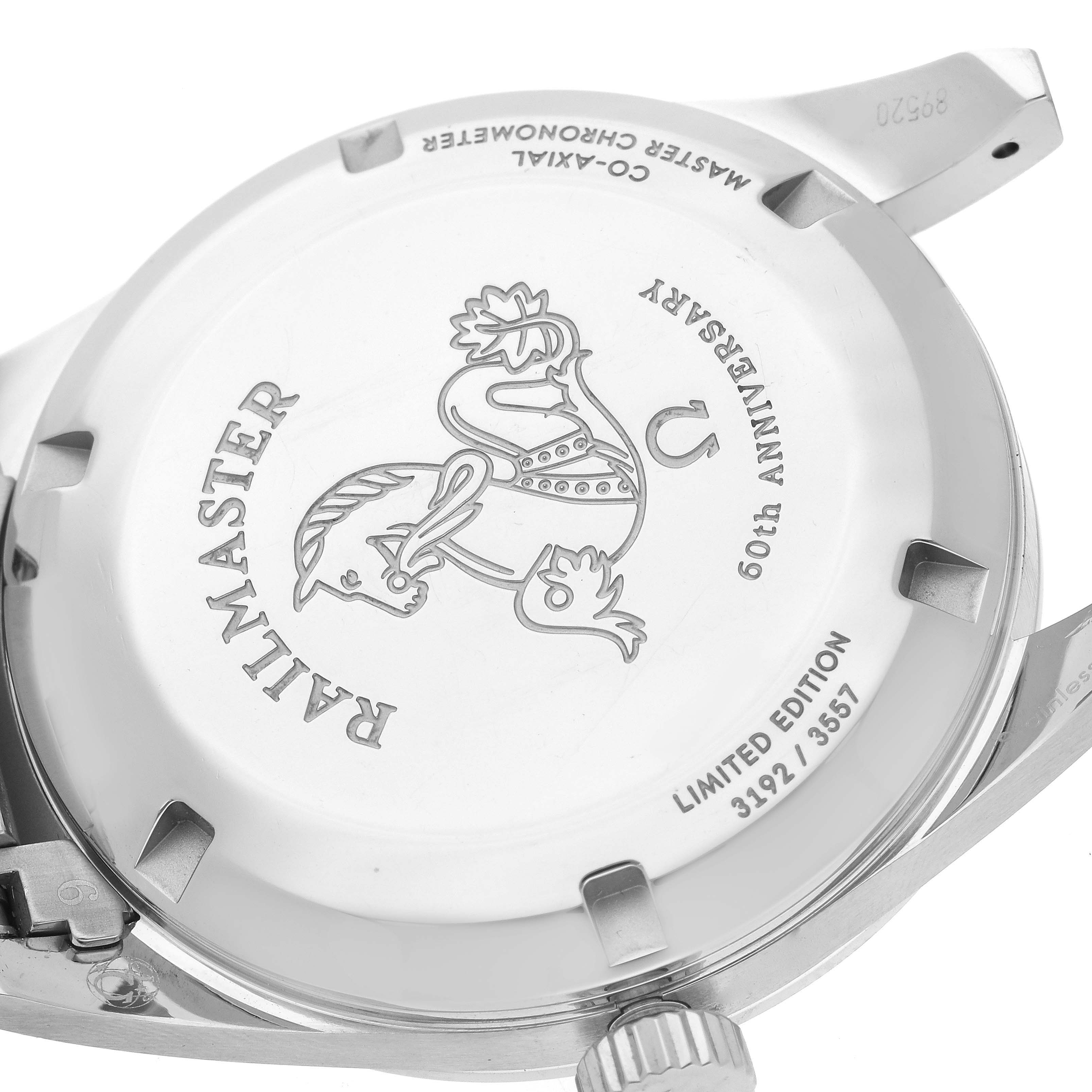 The image shows the back case of an Omega Seamaster 220.10.38.20.01.002 Men's Stainless Steel Black Dial 220.10.38.20.01.002 Men's Stainless Steel Black Dial watch, highlighting its limited edition engraving and detailing.