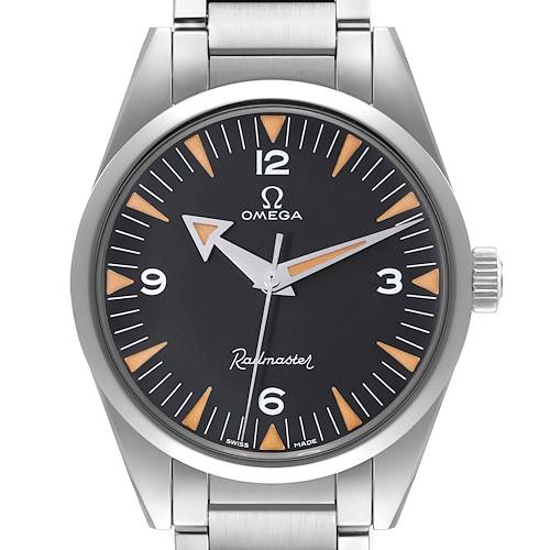 This is a front view of an Omega Seamaster Railmaster watch, showing the dial, hands, and part of the bracelet.