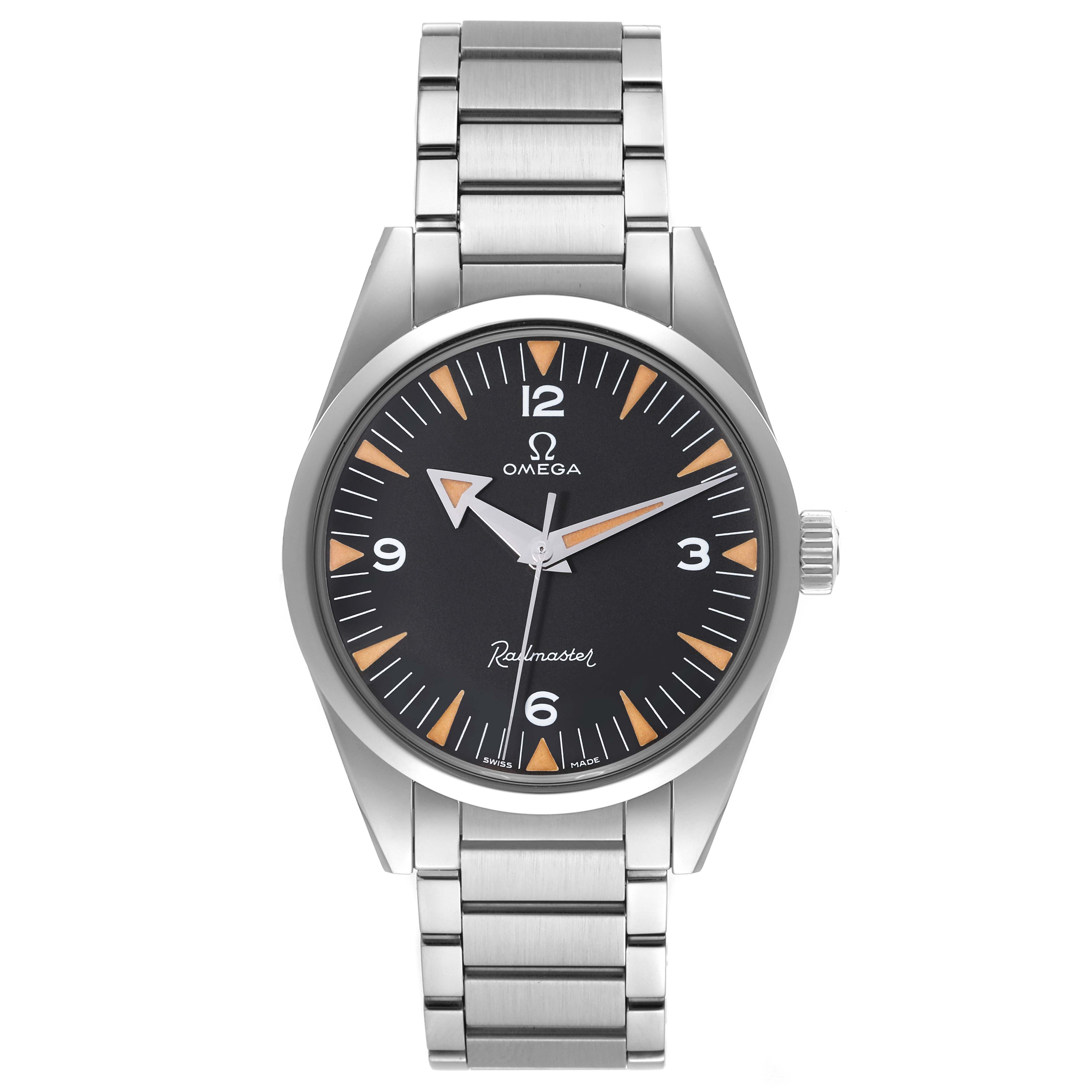The image shows a front view of an Omega Seamaster 220.10.38.20.01.002 Men's Stainless Steel Black Dial 220.10.38.20.01.002 Men's Stainless Steel Black Dial watch, displaying its dial, hands, and metal bracelet.