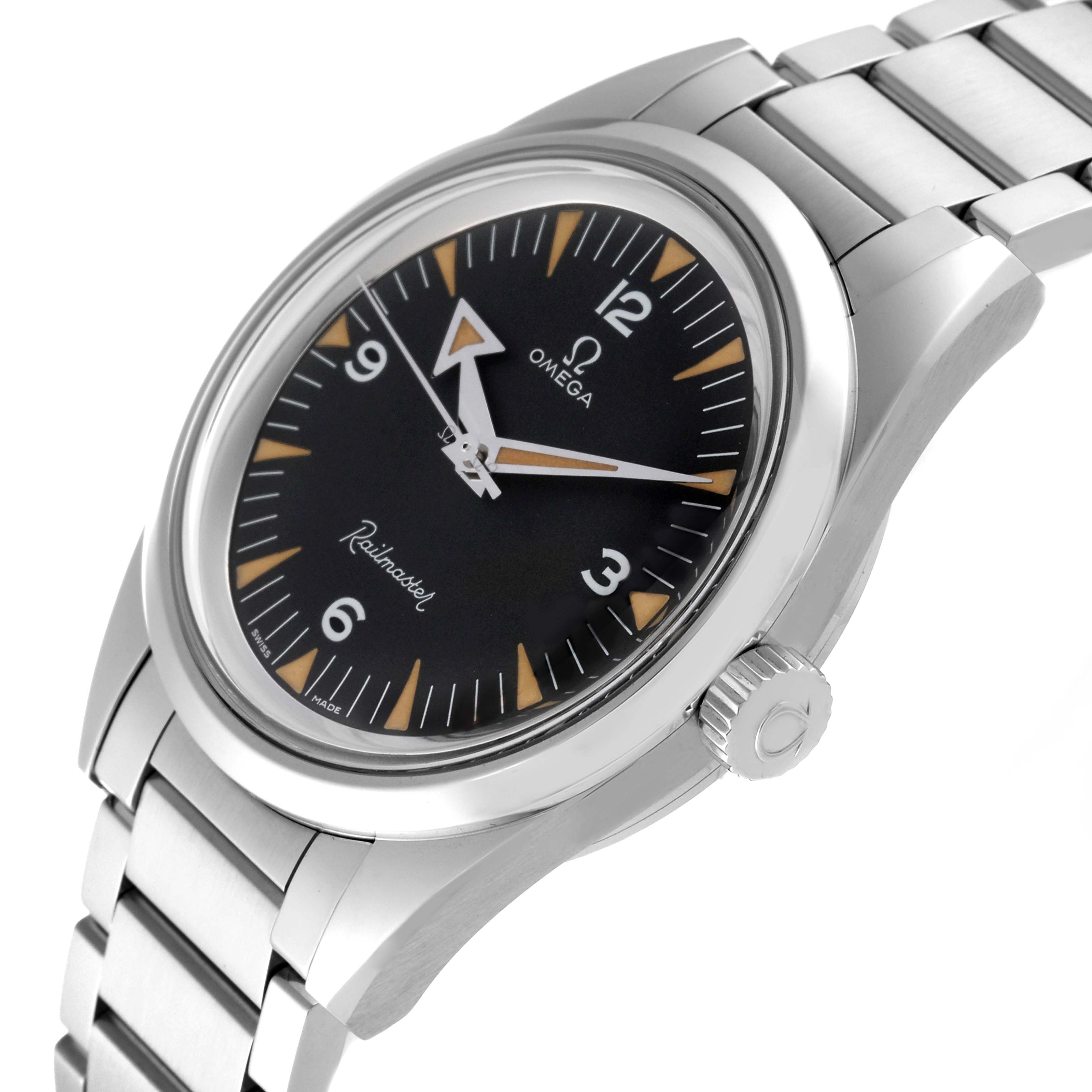 The Omega Seamaster 220.10.38.20.01.002 Men's Stainless Steel Black Dial 220.10.38.20.01.002 Men's Stainless Steel Black Dial watch is shown at a slight side angle, highlighting the dial, crown, and metal bracelet.