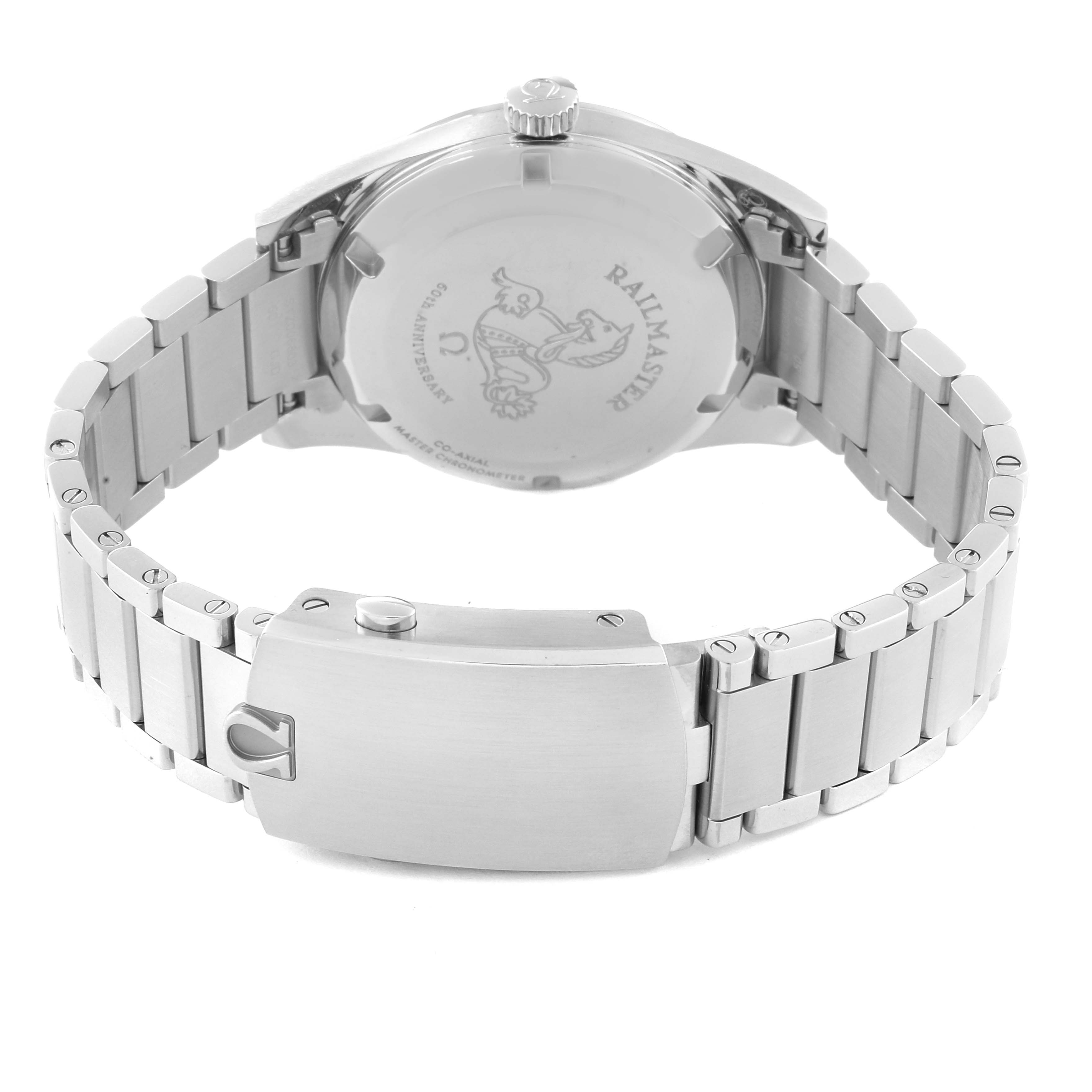 The image shows the back case and bracelet of an Omega Seamaster 220.10.38.20.01.002 Men's Stainless Steel Black Dial 220.10.38.20.01.002 Men's Stainless Steel Black Dial Railmaster watch from a rear angle.