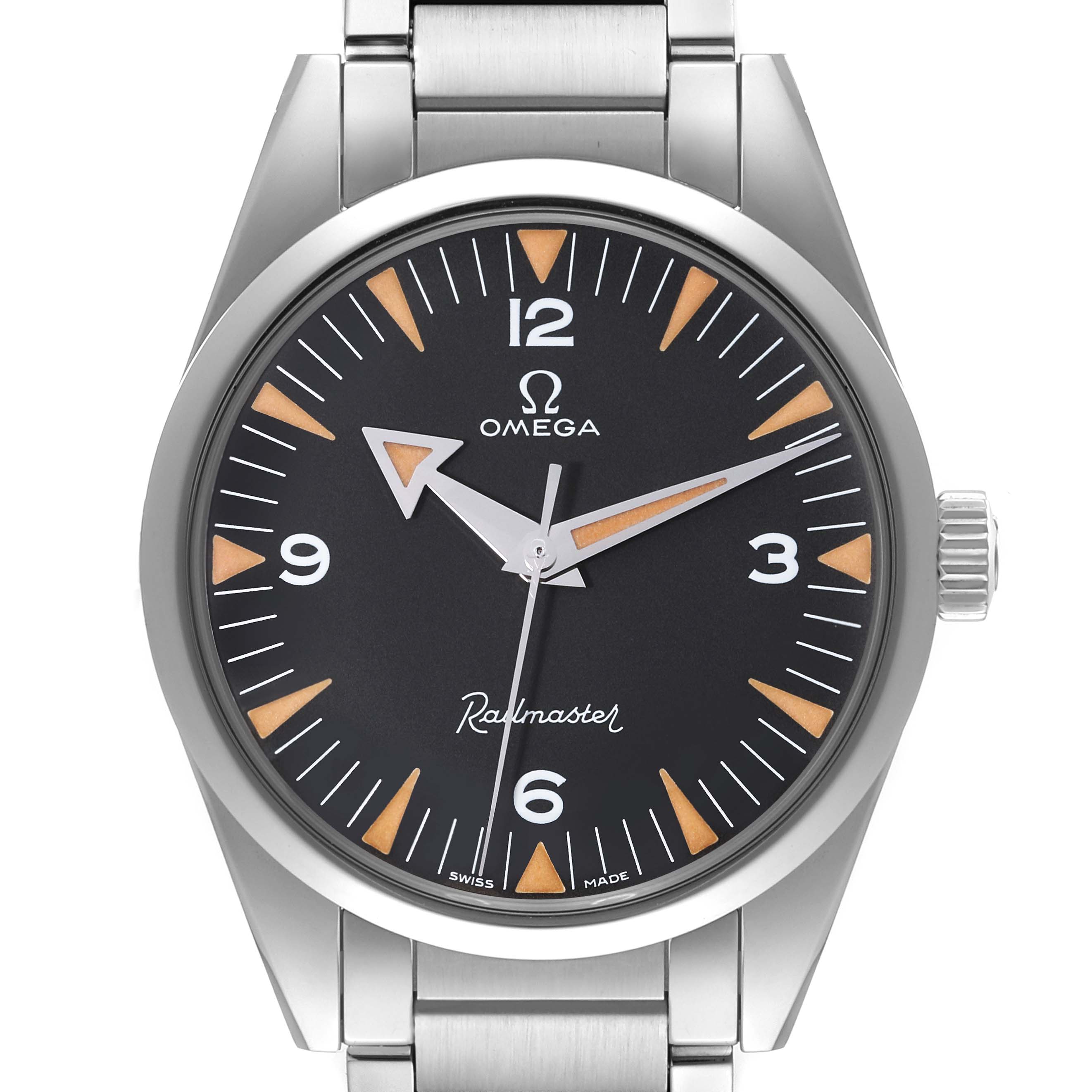 The image shows a front view of the Omega Seamaster 220.10.38.20.01.002 Men's Stainless Steel Black Dial 220.10.38.20.01.002 Men's Stainless Steel Black Dial Railmaster watch, displaying its face, bezel, and bracelet.