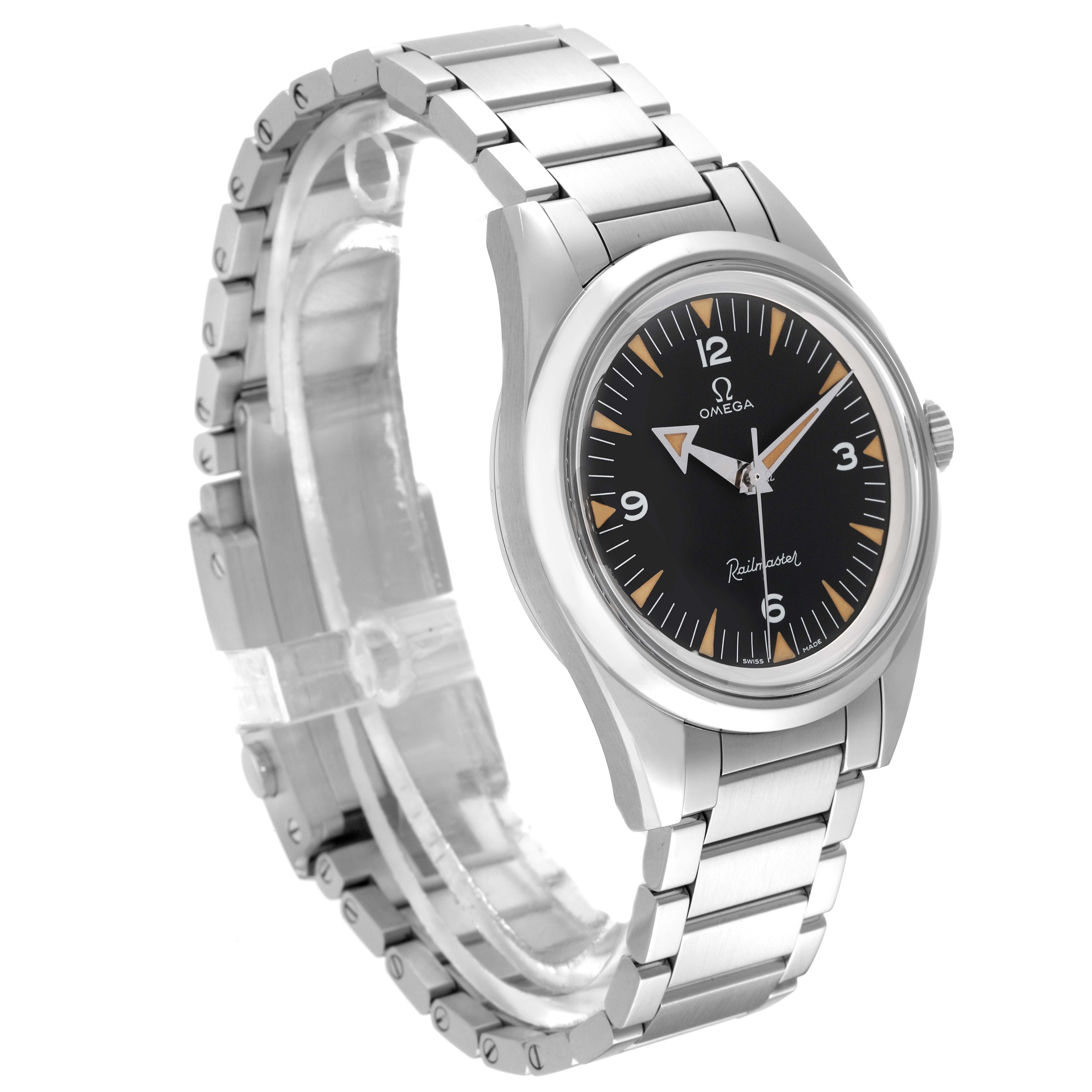 The Omega Seamaster 220.10.38.20.01.002 Men's Stainless Steel Black Dial 220.10.38.20.01.002 Men's Stainless Steel Black Dial watch is shown at a slight angle, displaying its face and metallic bracelet.