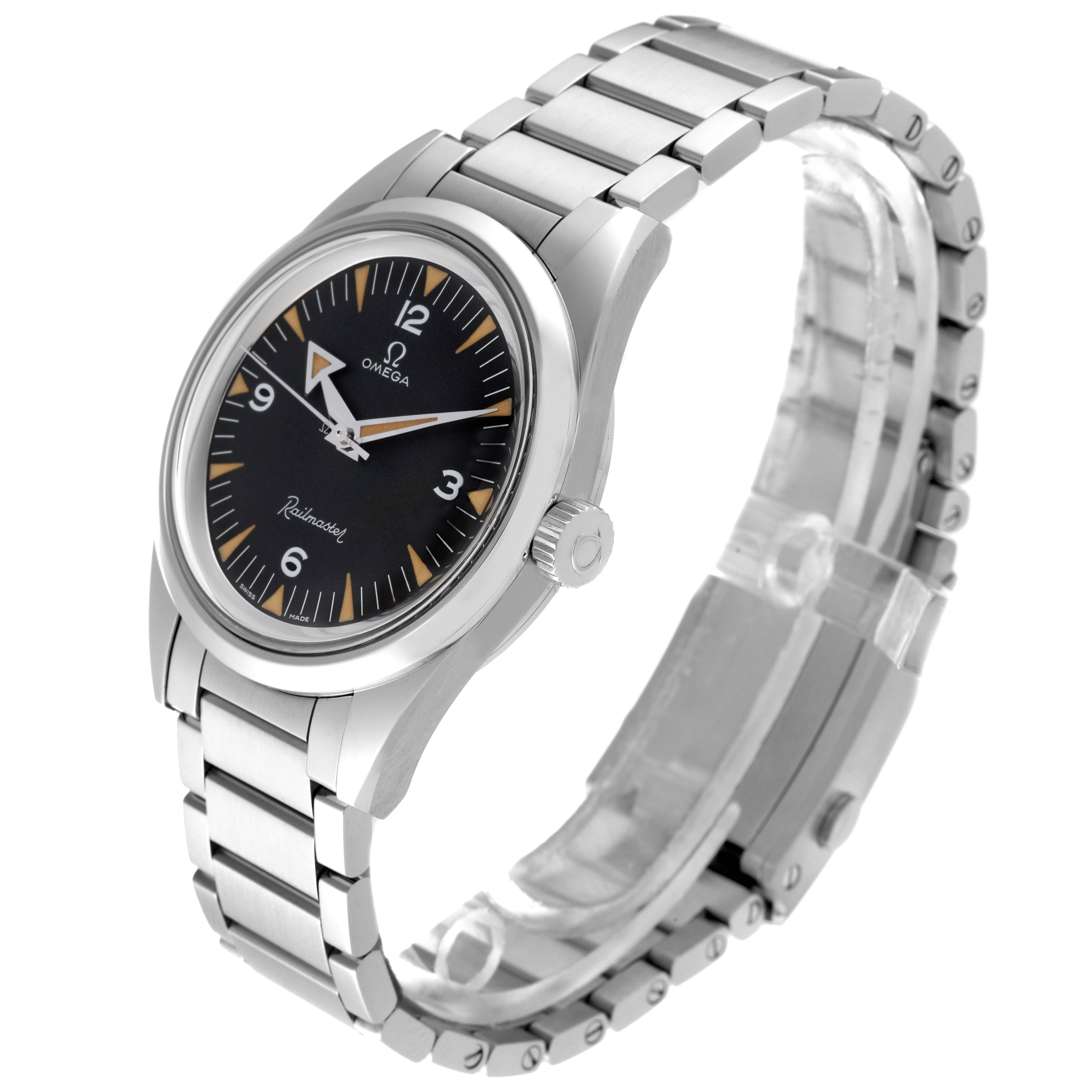 The image shows a side angle of the Omega Seamaster 220.10.38.20.01.002 Men's Stainless Steel Black Dial 220.10.38.20.01.002 Men's Stainless Steel Black Dial watch, displaying its stainless steel case, bracelet, and black dial.