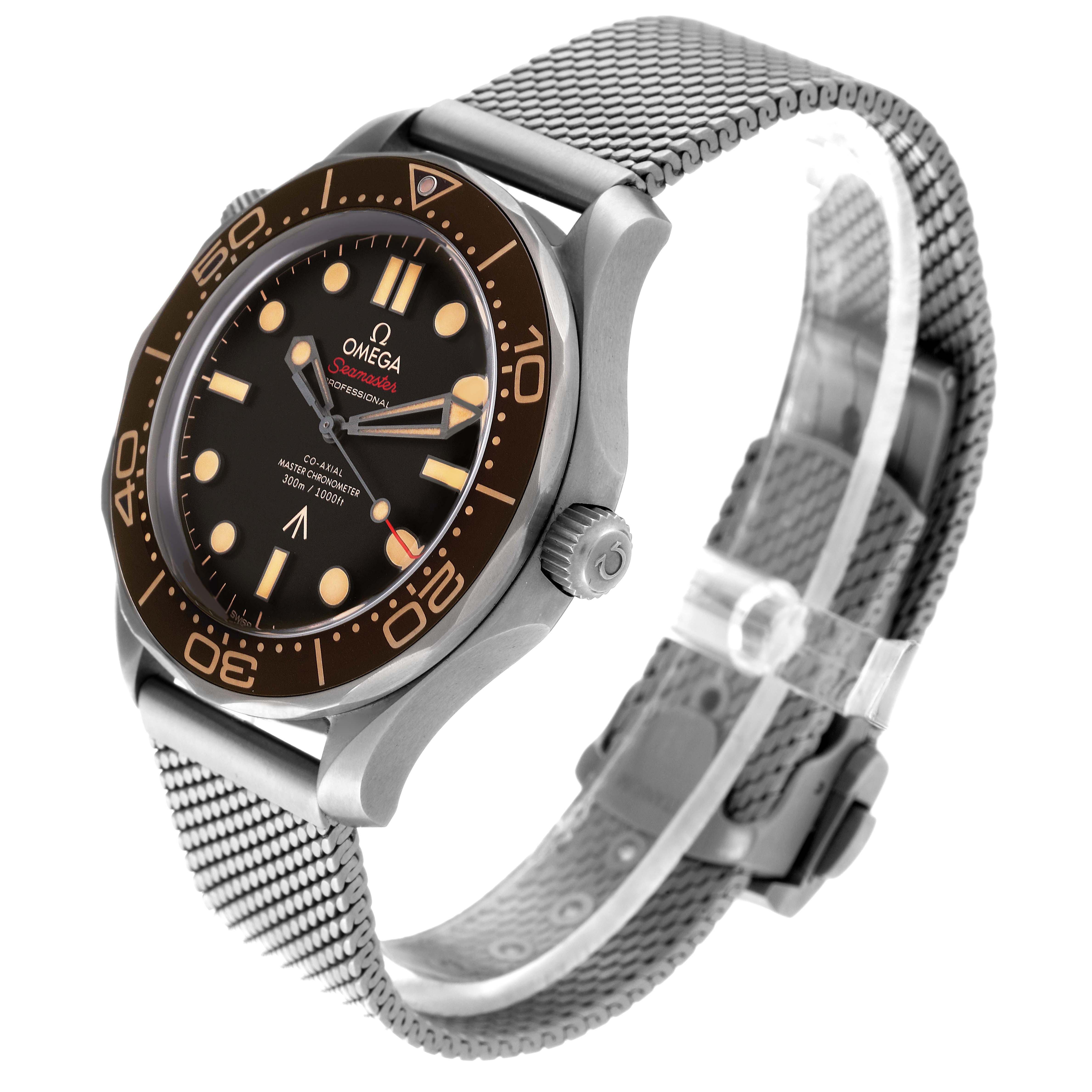 The Omega Seamaster 210.92.42.20.01.001 Men's Titanium Brown Dial 210.92.42.20.01.001 Men's Titanium Brown Dial watch is shown at a 45-degree angle, highlighting the bezel, dial, crown, and mesh bracelet.