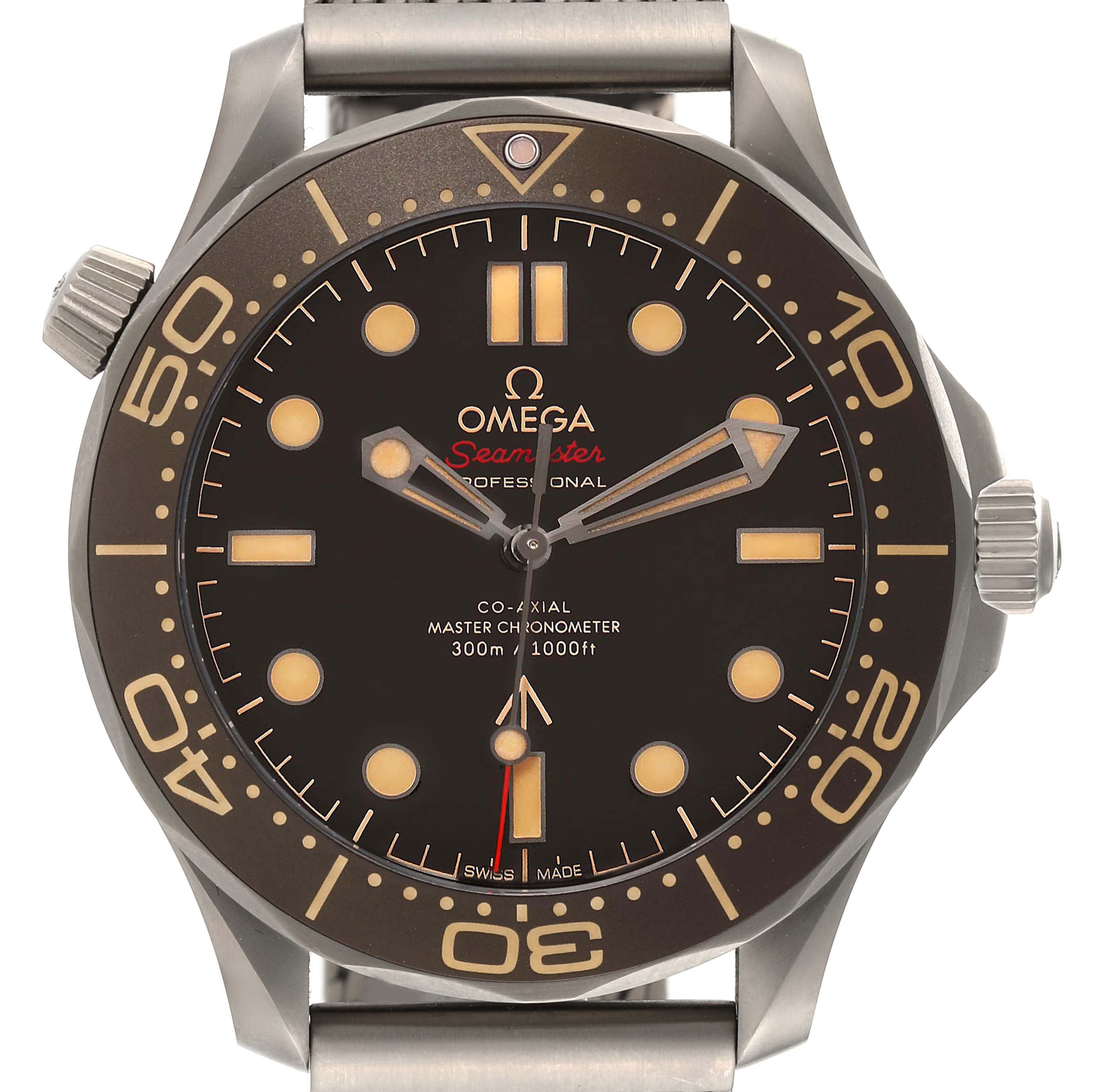 The image shows a front view of the Omega Seamaster 210.92.42.20.01.001 Men's Titanium Brown Dial 210.92.42.20.01.001 Men's Titanium Brown Dial watch, highlighting the dial, bezel, and crown details.