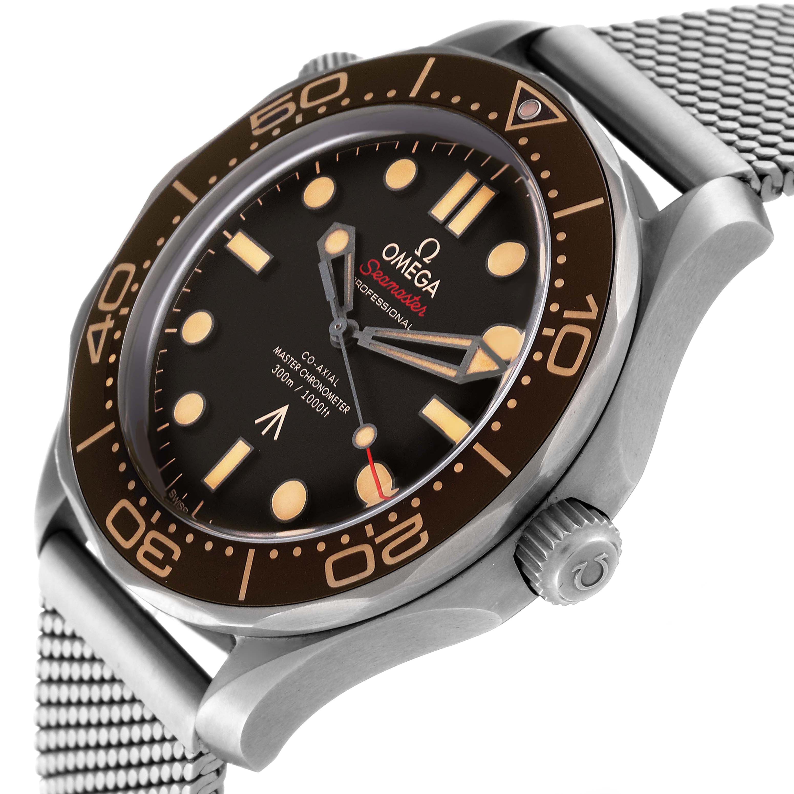 The image displays the Omega Seamaster 210.92.42.20.01.001 Men's Titanium Brown Dial 210.92.42.20.01.001 Men's Titanium Brown Dial watch at an angled view, highlighting the dial, bezel, crown, and mesh bracelet.