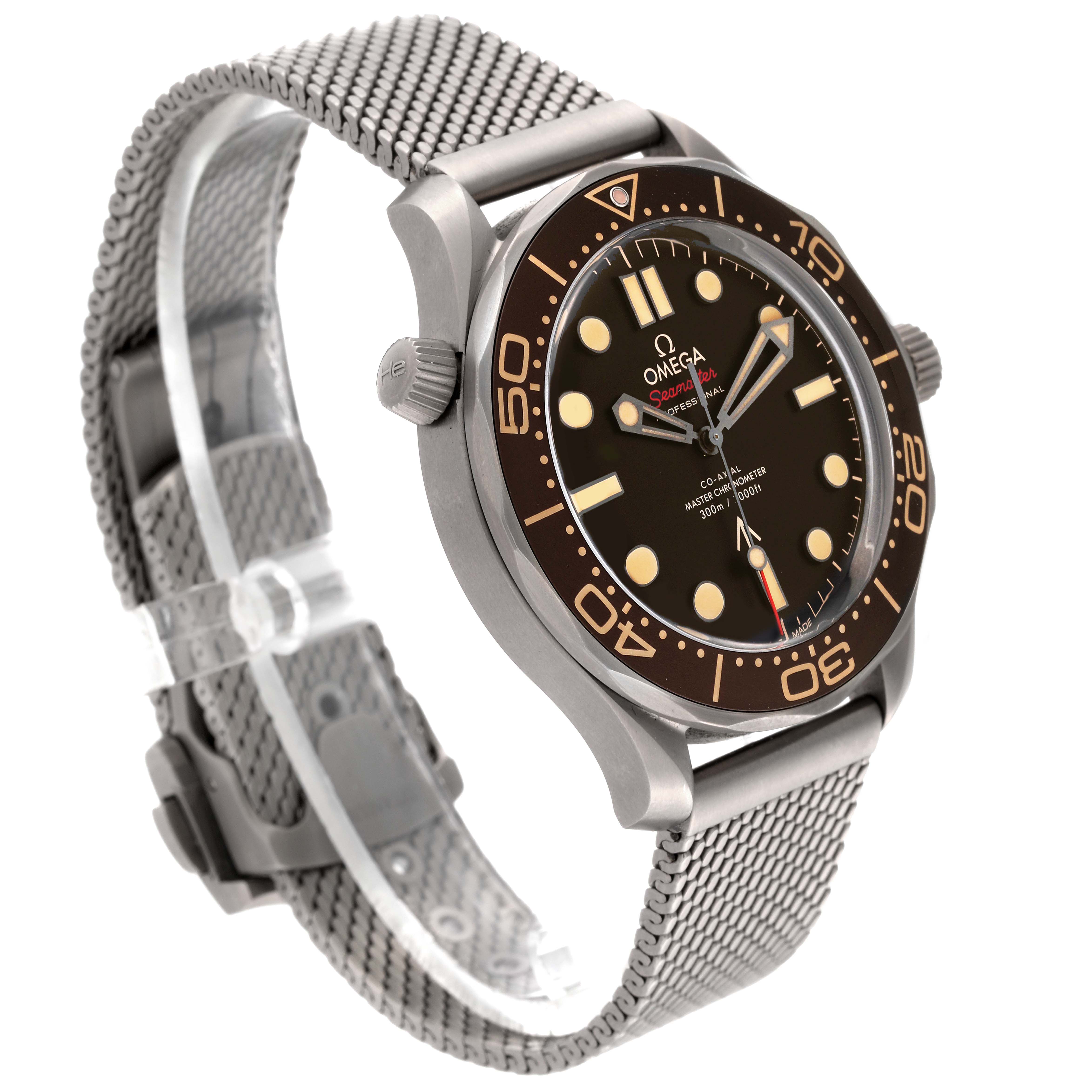 The image shows a side angle view of an Omega Seamaster 210.92.42.20.01.001 Men's Titanium Brown Dial 210.92.42.20.01.001 Men's Titanium Brown Dial watch, highlighting the dial, bezel, strap, and case.