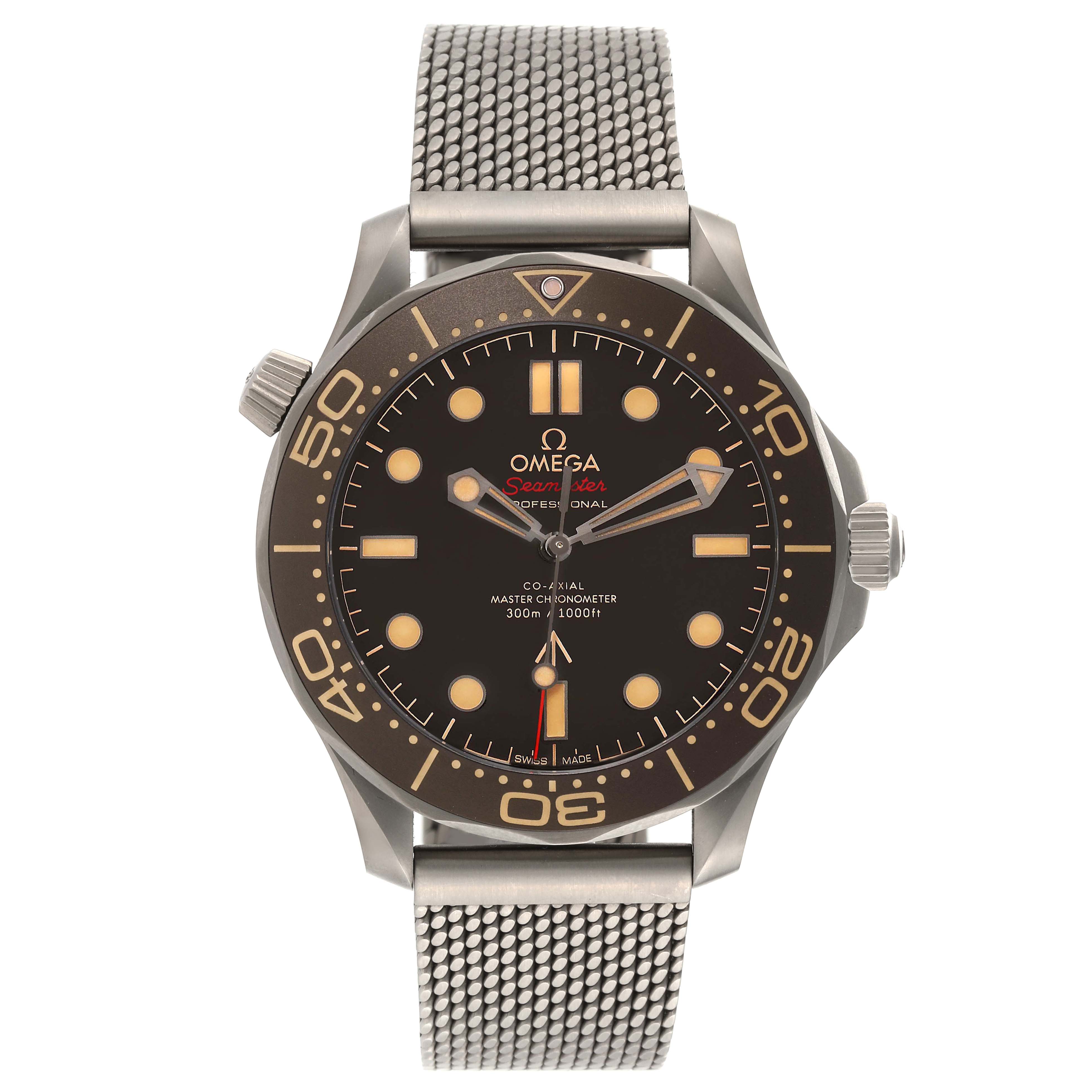 This image shows a front view of an Omega Seamaster 210.92.42.20.01.001 Men's Titanium Brown Dial 210.92.42.20.01.001 Men's Titanium Brown Dial watch, highlighting its dial, bezel, and mesh bracelet.