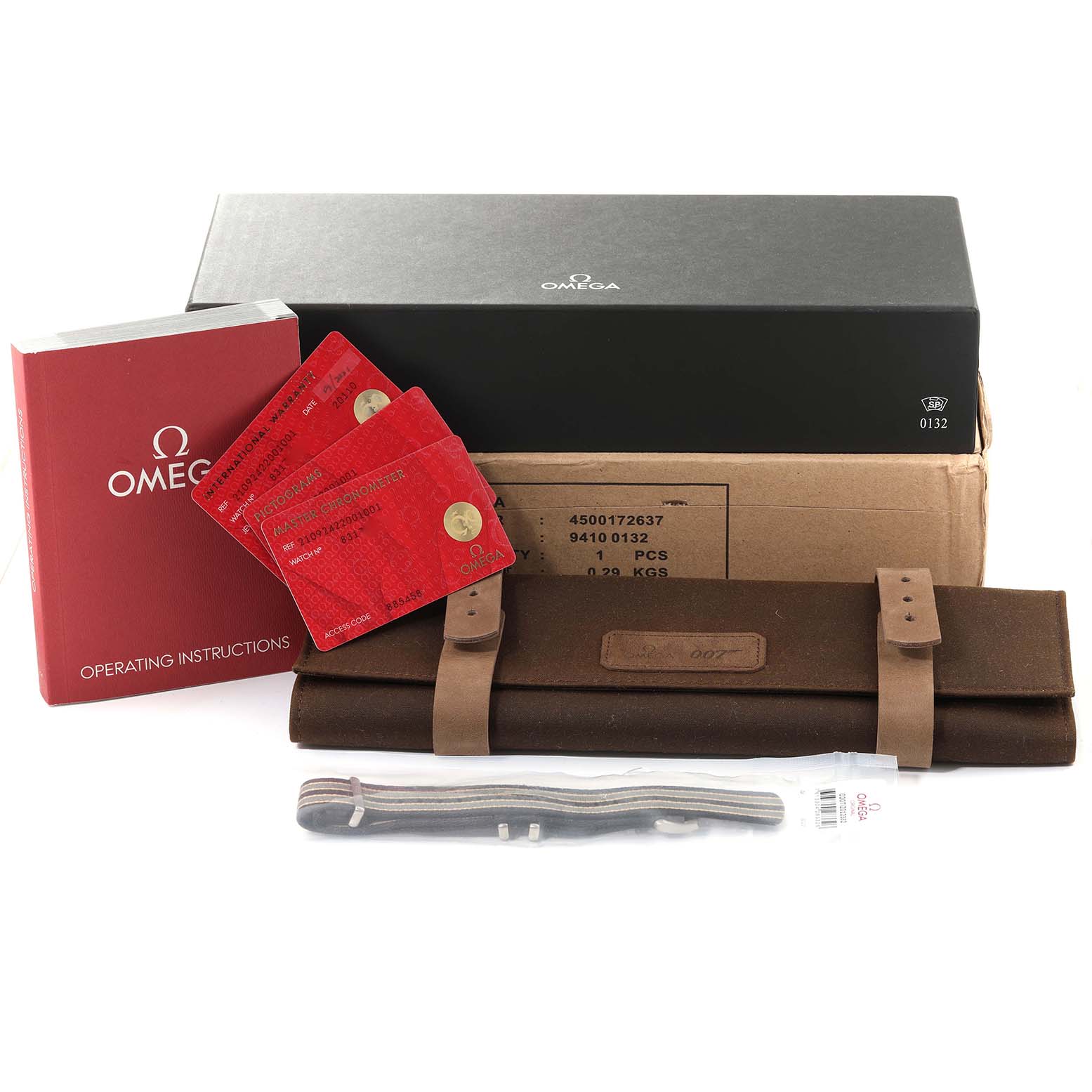 The image shows an Omega Seamaster 210.92.42.20.01.001 Men's Titanium Brown Dial 210.92.42.20.01.001 Men's Titanium Brown Dial watch set, including a box, operating instructions, cards, strap, and a brown carry pouch.