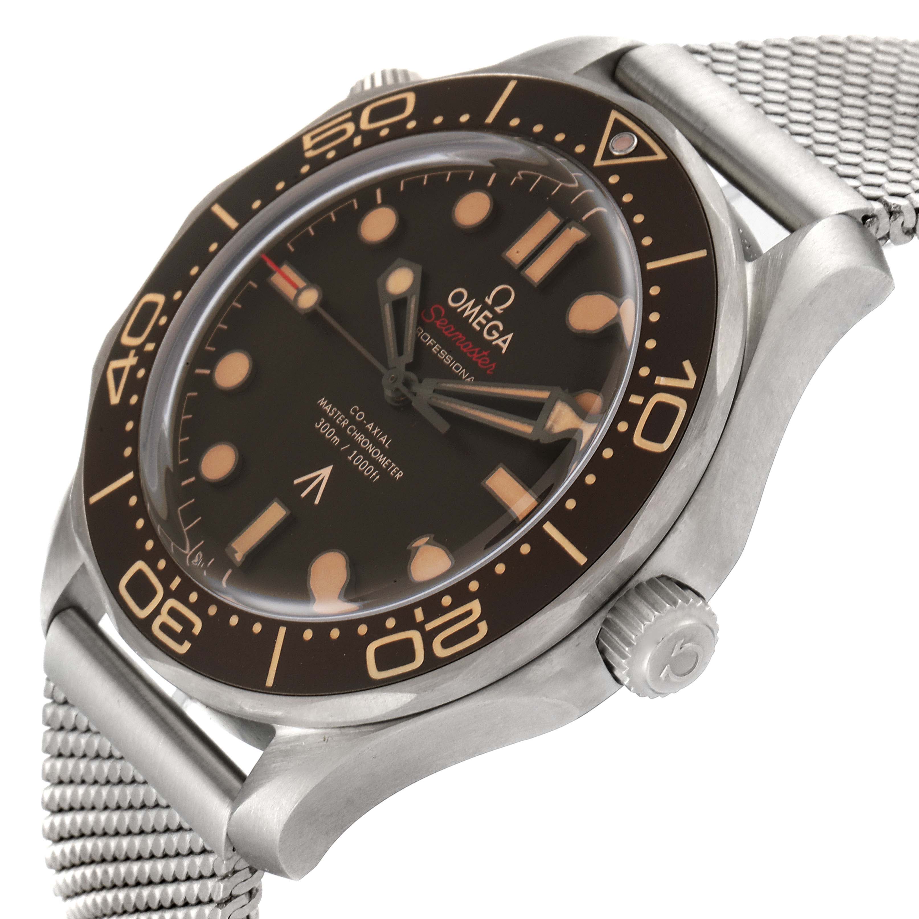 The image shows a close-up angle of the Omega Seamaster 210.90.42.20.01.001 Men's Titanium Brown Dial 210.90.42.20.01.001 Men's Titanium Brown Dial's face, bezel, crown, and metal mesh bracelet.