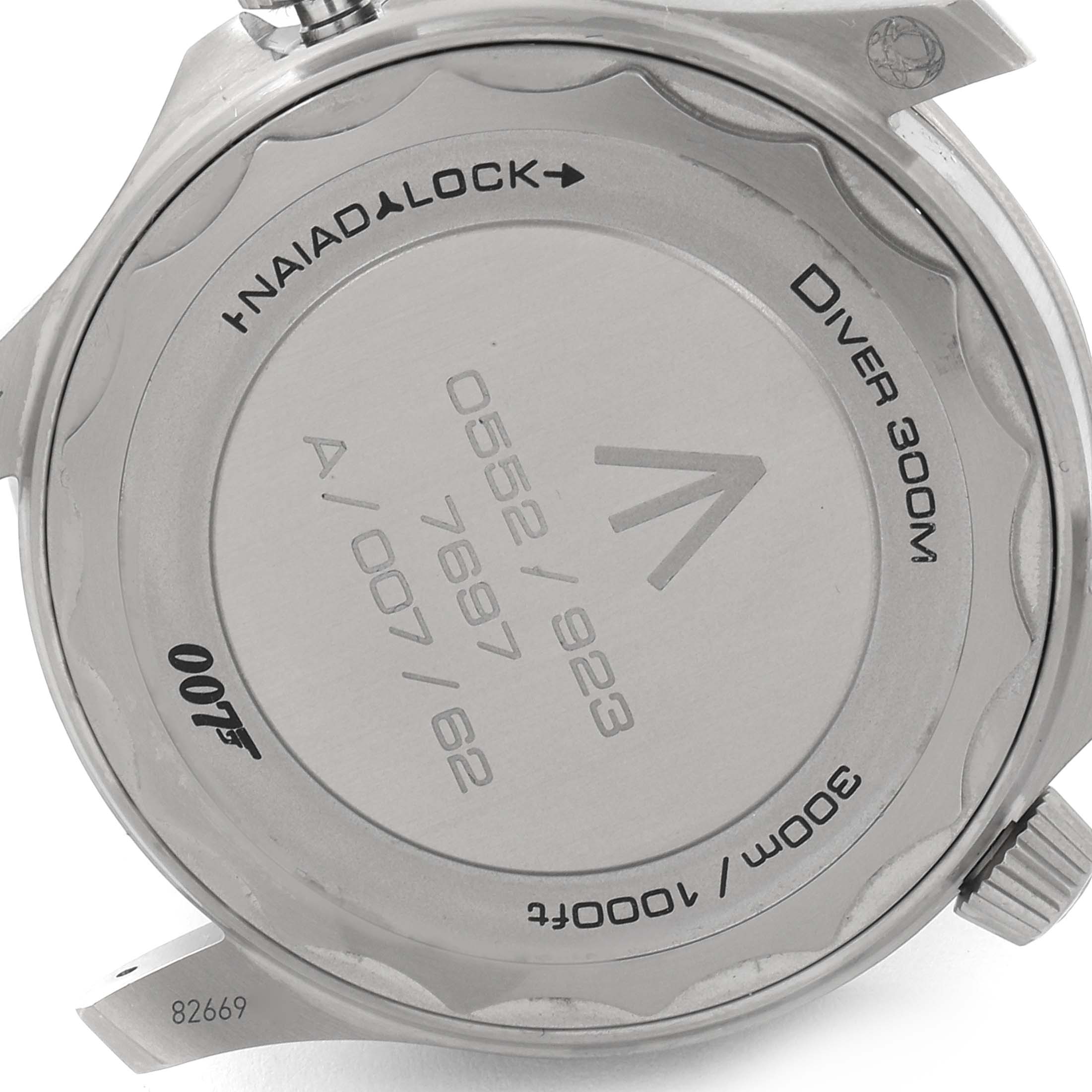 The image shows the case back of an Omega Seamaster 210.90.42.20.01.001 Men's Titanium Brown Dial 210.90.42.20.01.001 Men's Titanium Brown Dial Diver 300M watch, displaying engravings and the Naiad Lock system.