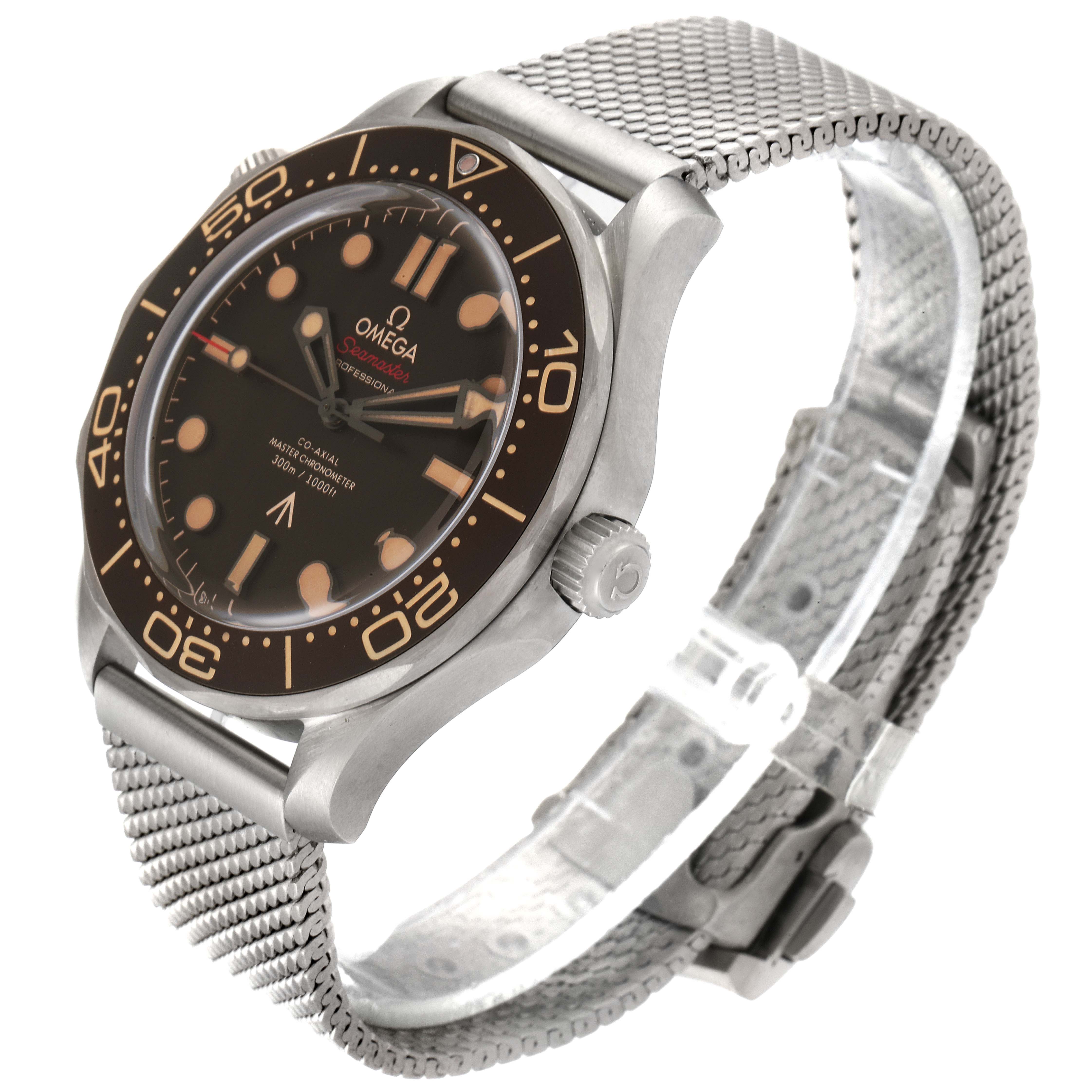 The image shows an angled view of an Omega Seamaster 210.90.42.20.01.001 Men's Titanium Brown Dial 210.90.42.20.01.001 Men's Titanium Brown Dial watch, highlighting its face, bezel, and mesh strap.