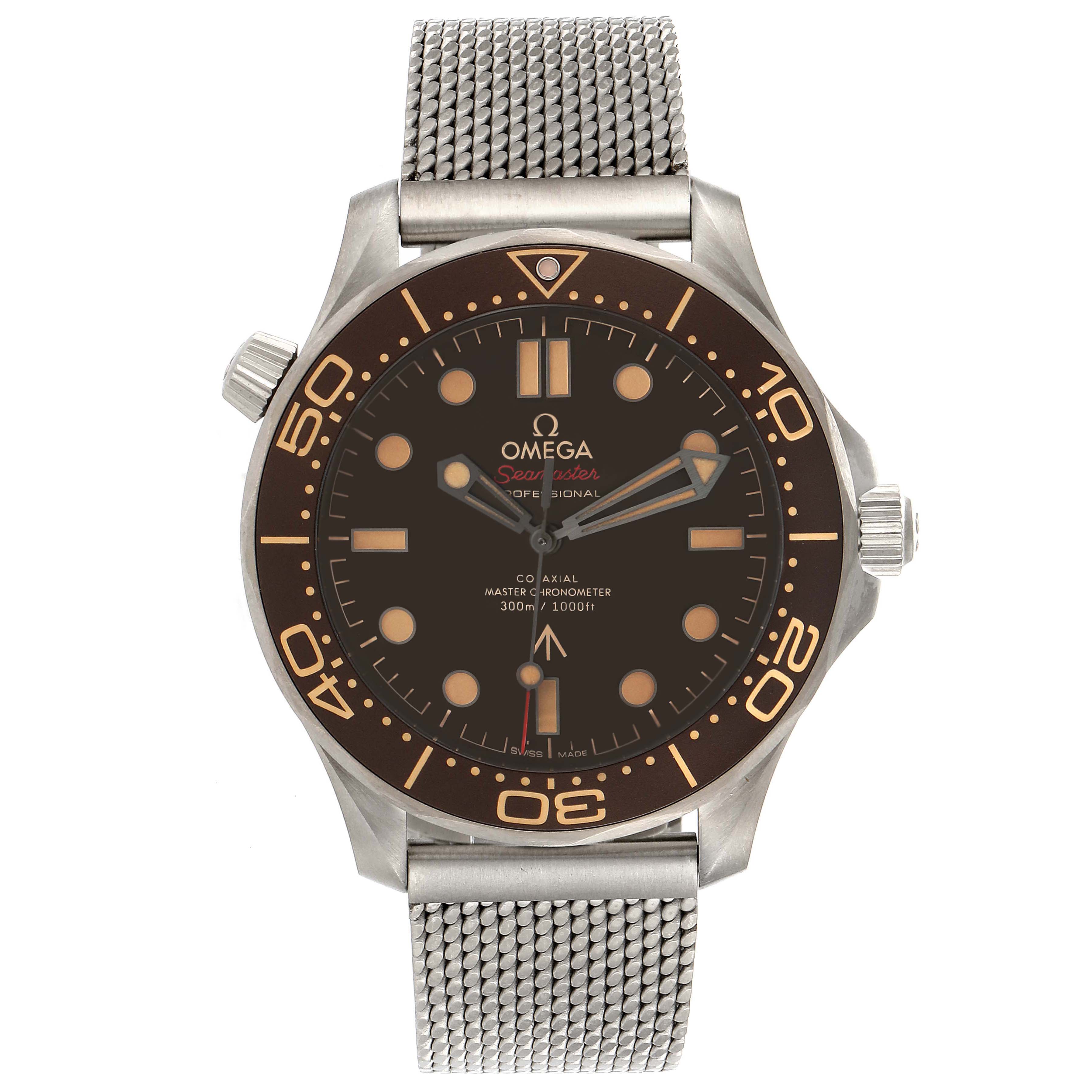 The image shows a front view of an Omega Seamaster 210.90.42.20.01.001 Men's Titanium Brown Dial 210.90.42.20.01.001 Men's Titanium Brown Dial watch, highlighting the dial, bezel, and mesh bracelet.