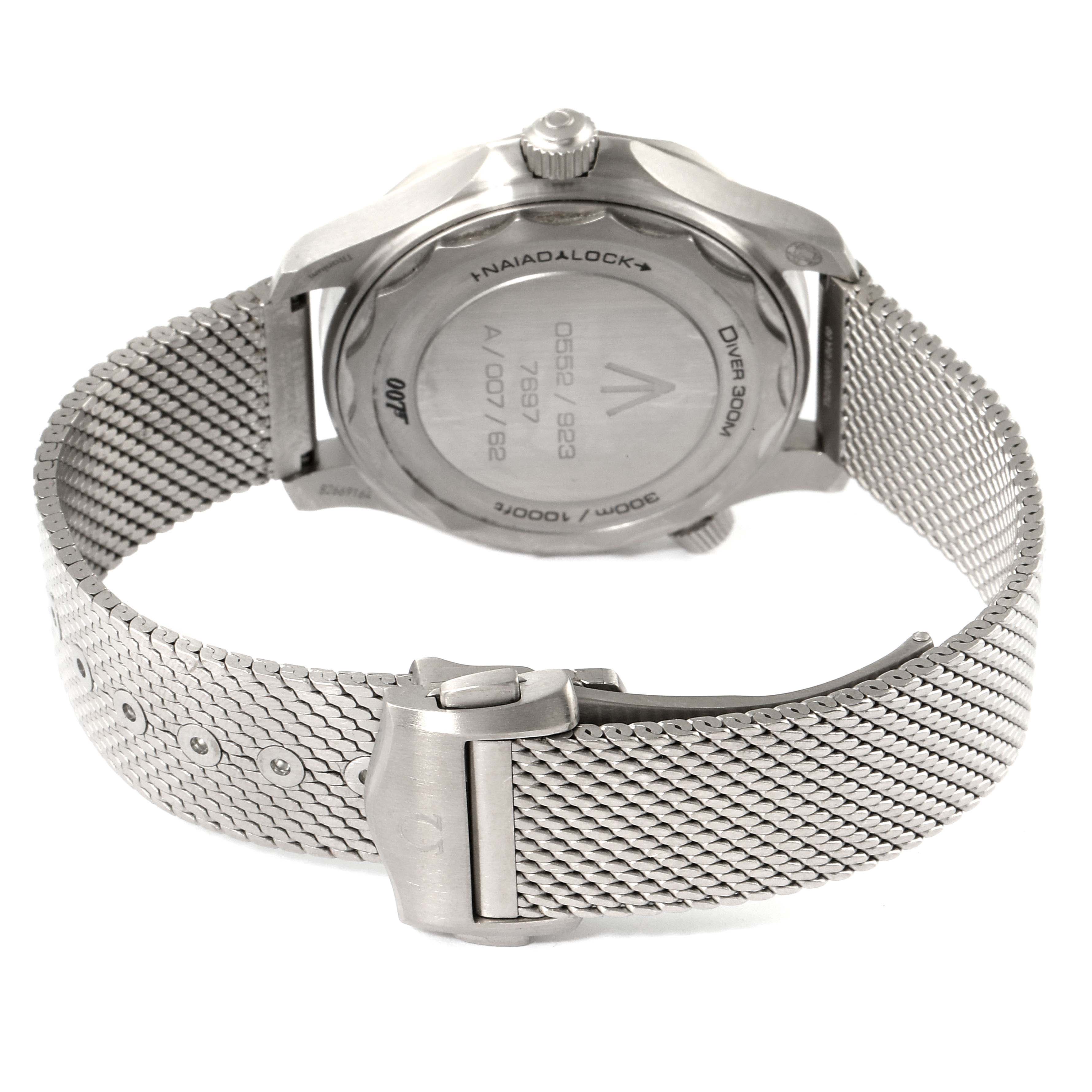 This image shows the back view of the Omega Seamaster 210.90.42.20.01.001 Men's Titanium Brown Dial 210.90.42.20.01.001 Men's Titanium Brown Dial watch, highlighting its back case and metal mesh strap with clasp.