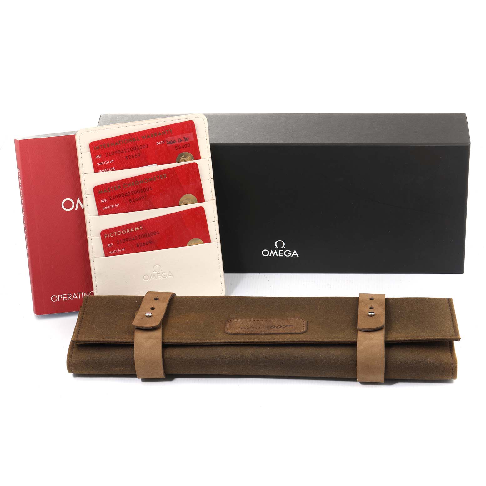 The image shows the packaging for an Omega Seamaster 210.90.42.20.01.001 Men's Titanium Brown Dial 210.90.42.20.01.001 Men's Titanium Brown Dial watch, including a black box, operating instructions, cards, and a brown leather case.