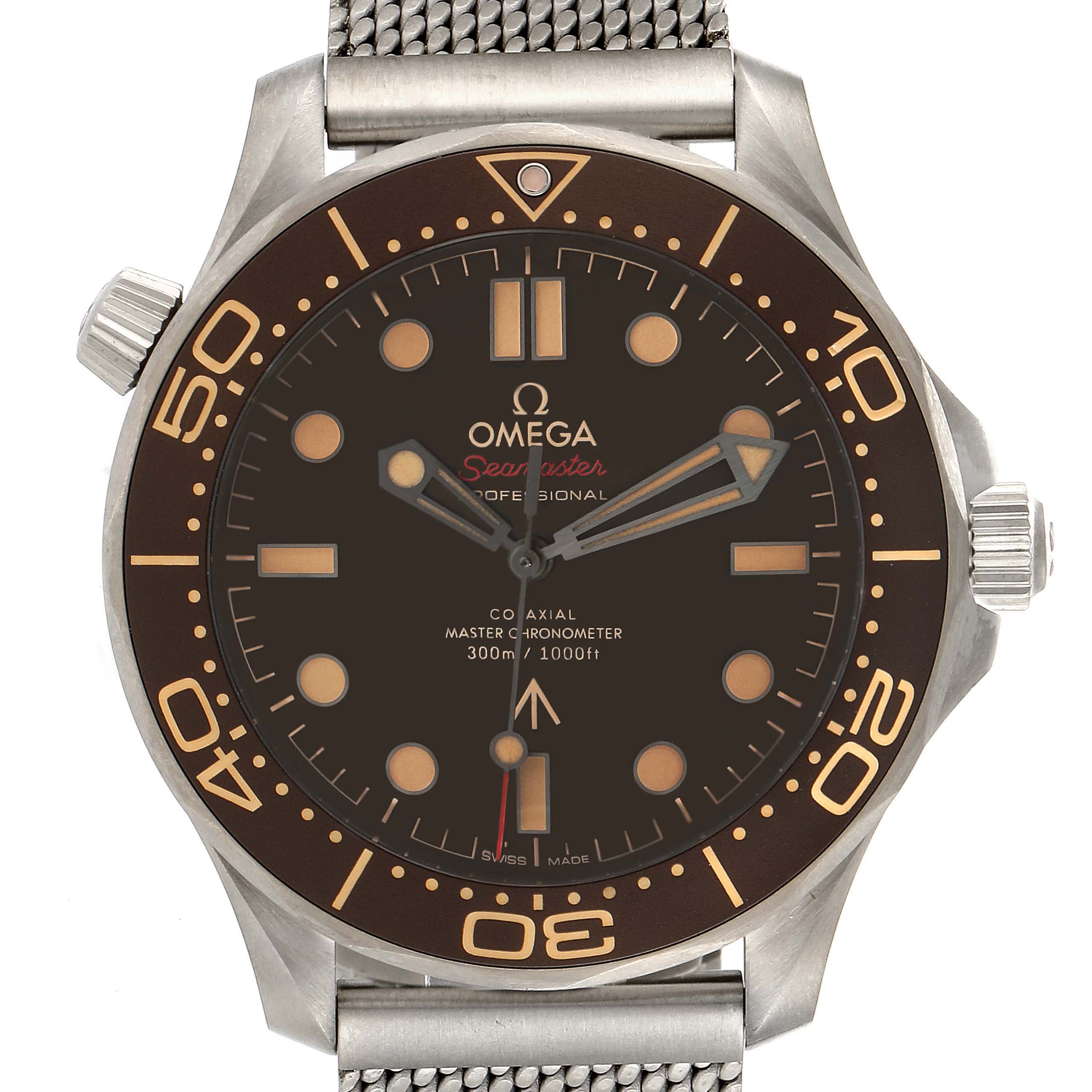 This image shows a frontal view of the dial, bezel, and part of the bracelet of an Omega Seamaster 210.90.42.20.01.001 Men's Titanium Brown Dial 210.90.42.20.01.001 Men's Titanium Brown Dial watch.