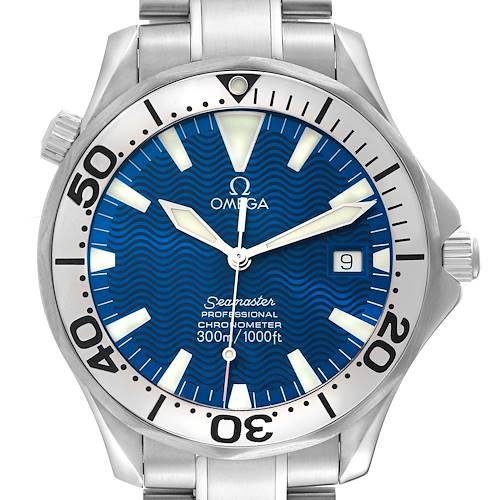 The image shows a frontal view of the Omega Seamaster watch, highlighting the dial, bezel, and bracelet.