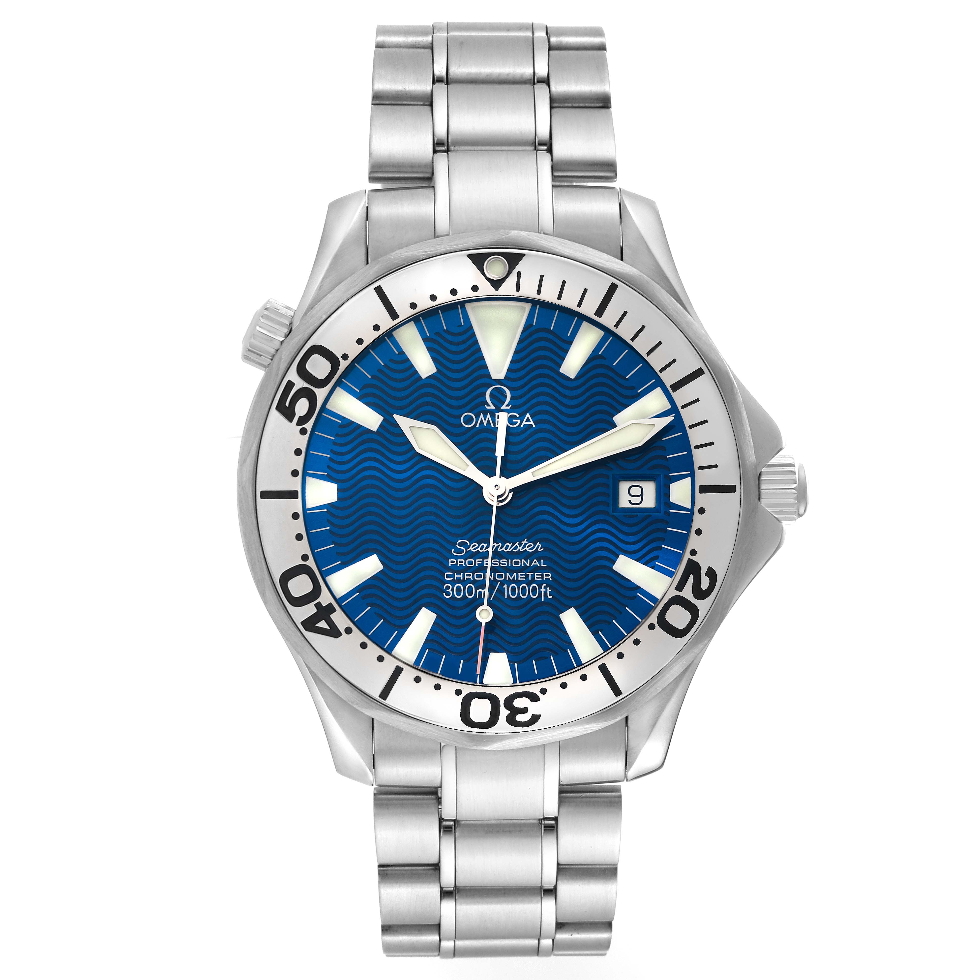 The image shows a front view of the Omega Seamaster 2255.80.00 Men
s Stainless Steel Blue Dial 2255.80.00 Men
s Stainless Steel Blue Dial watch, displaying the blue dial, stainless steel bracelet, and bezel.
