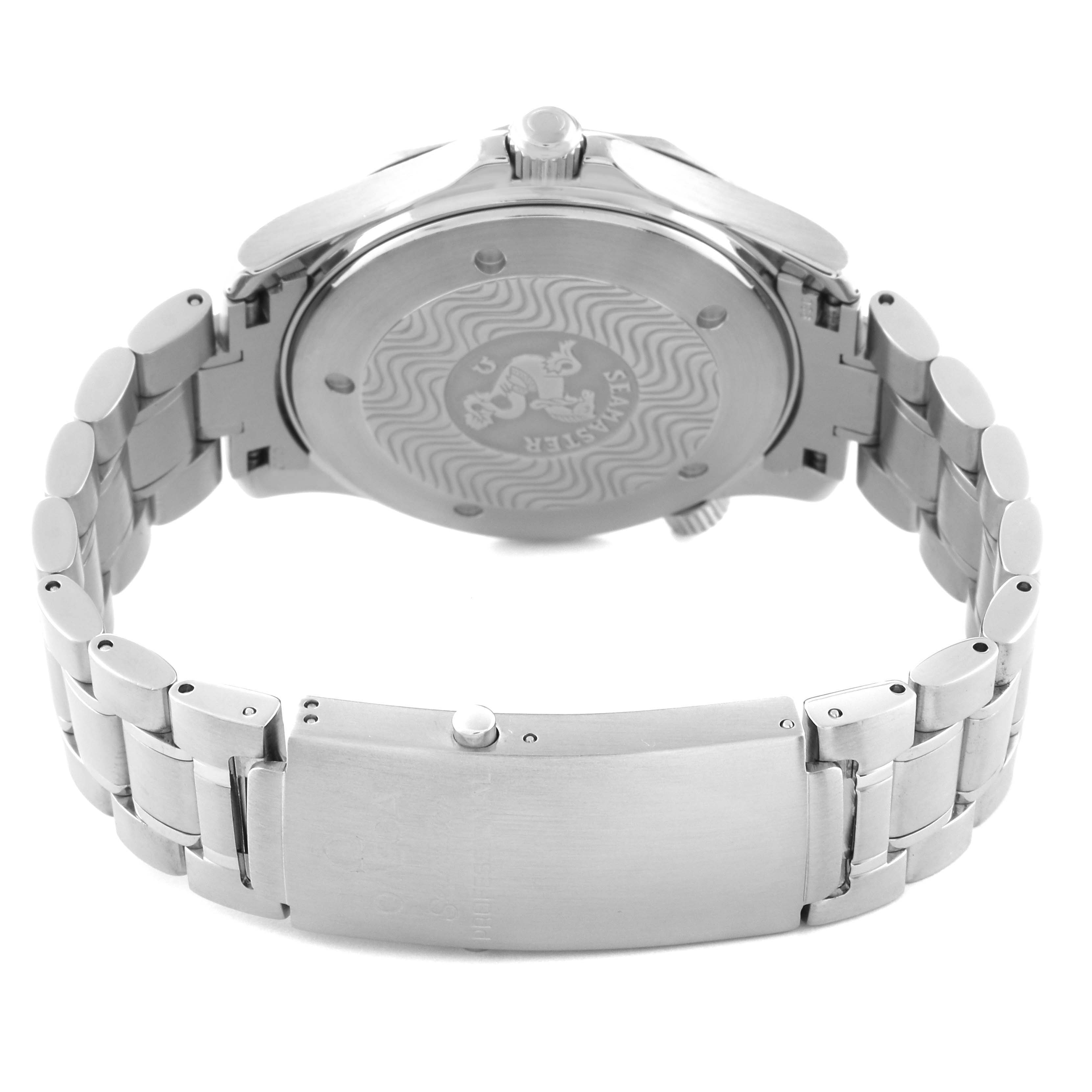The image shows the back view of the Omega Seamaster 2255.80.00 Men
s Stainless Steel Blue Dial 2255.80.00 Men
s Stainless Steel Blue Dial watch, highlighting the case back, bracelet, and clasp.