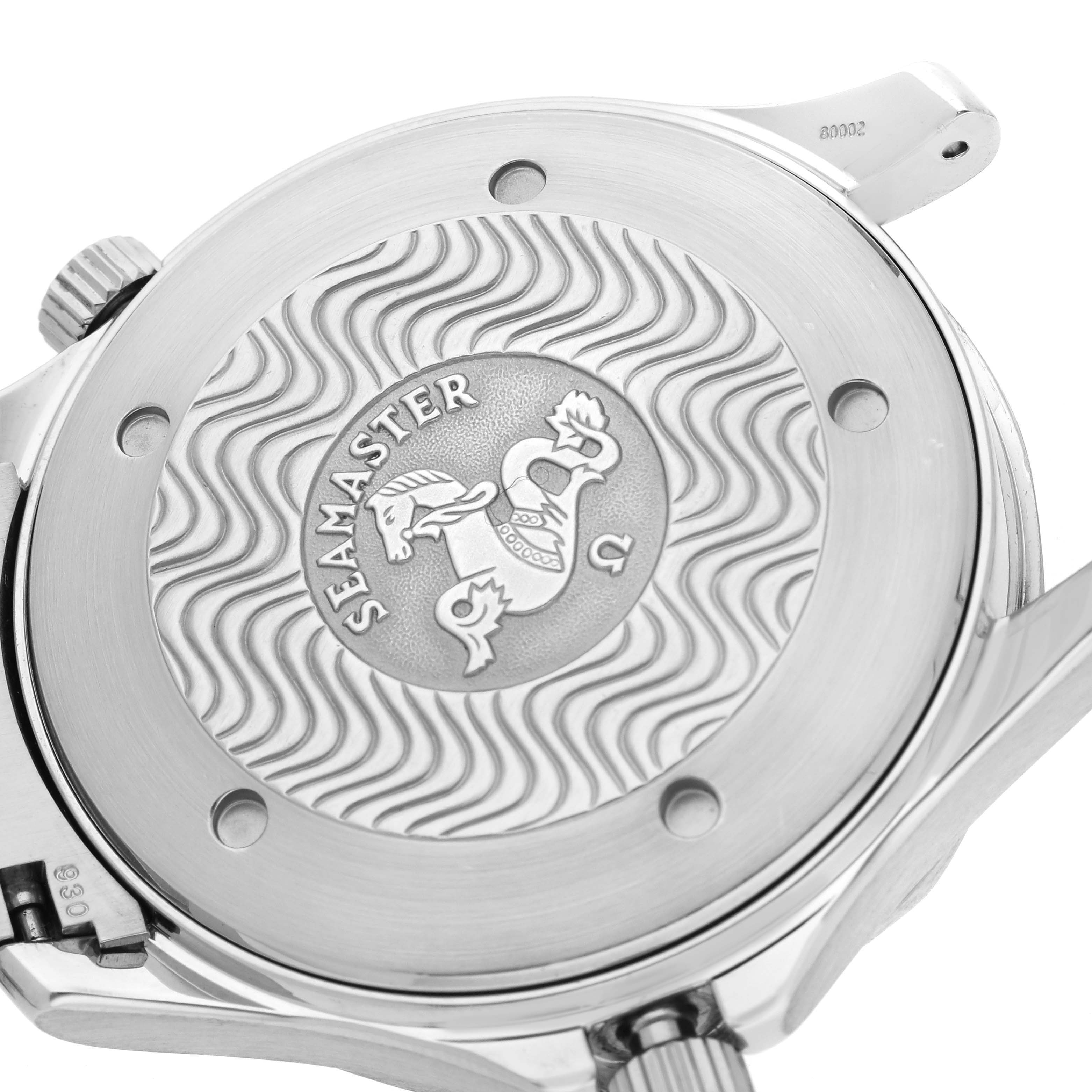 This photo shows the back case of an Omega Seamaster 2255.80.00 Men
s Stainless Steel Blue Dial 2255.80.00 Men
s Stainless Steel Blue Dial watch with its wavy pattern and brand engraving visible.