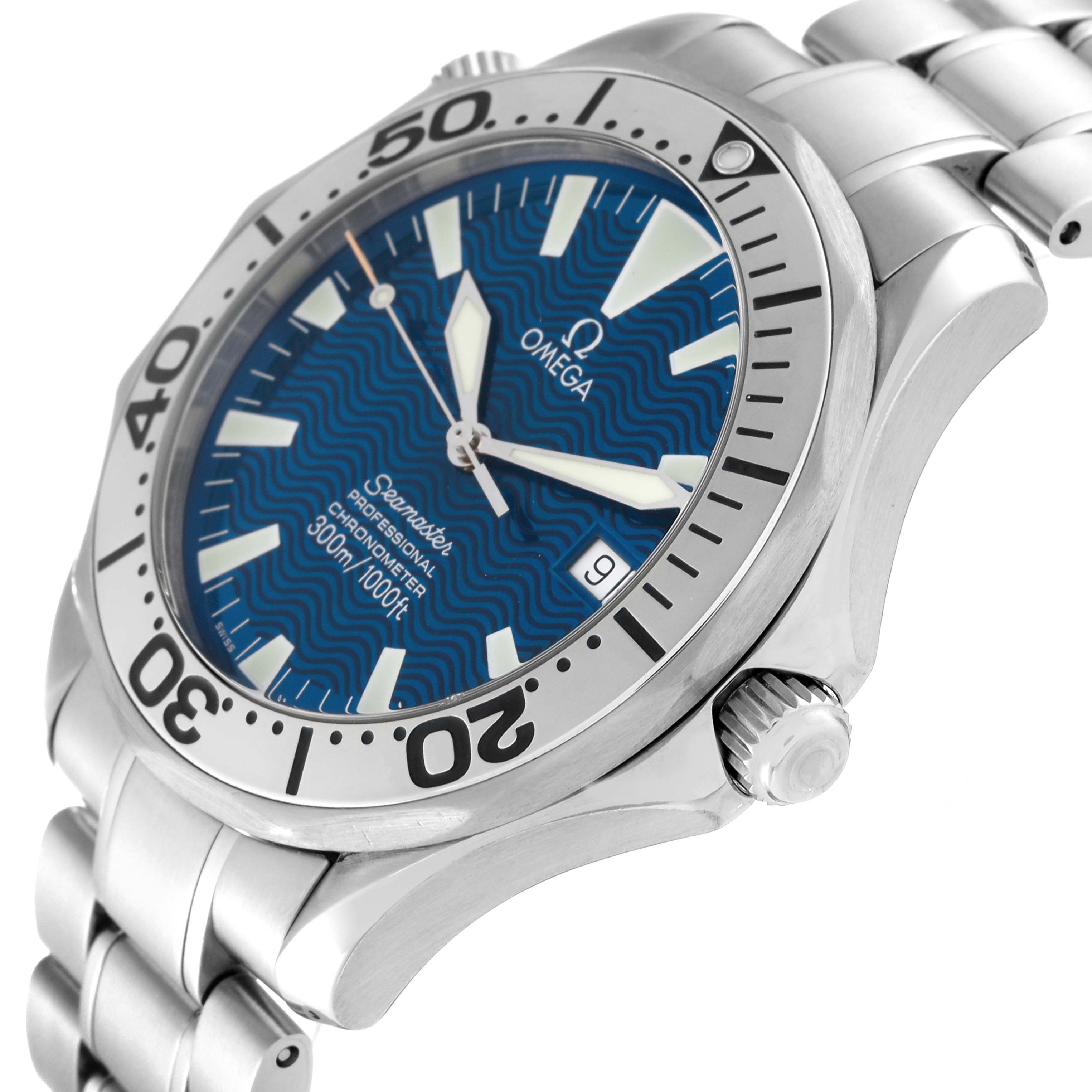 The image shows an Omega Seamaster 2255.80.00 Men
s Stainless Steel Blue Dial 2255.80.00 Men
s Stainless Steel Blue Dial watch at an oblique angle, displaying the face, bezel, crown, and part of the bracelet.
