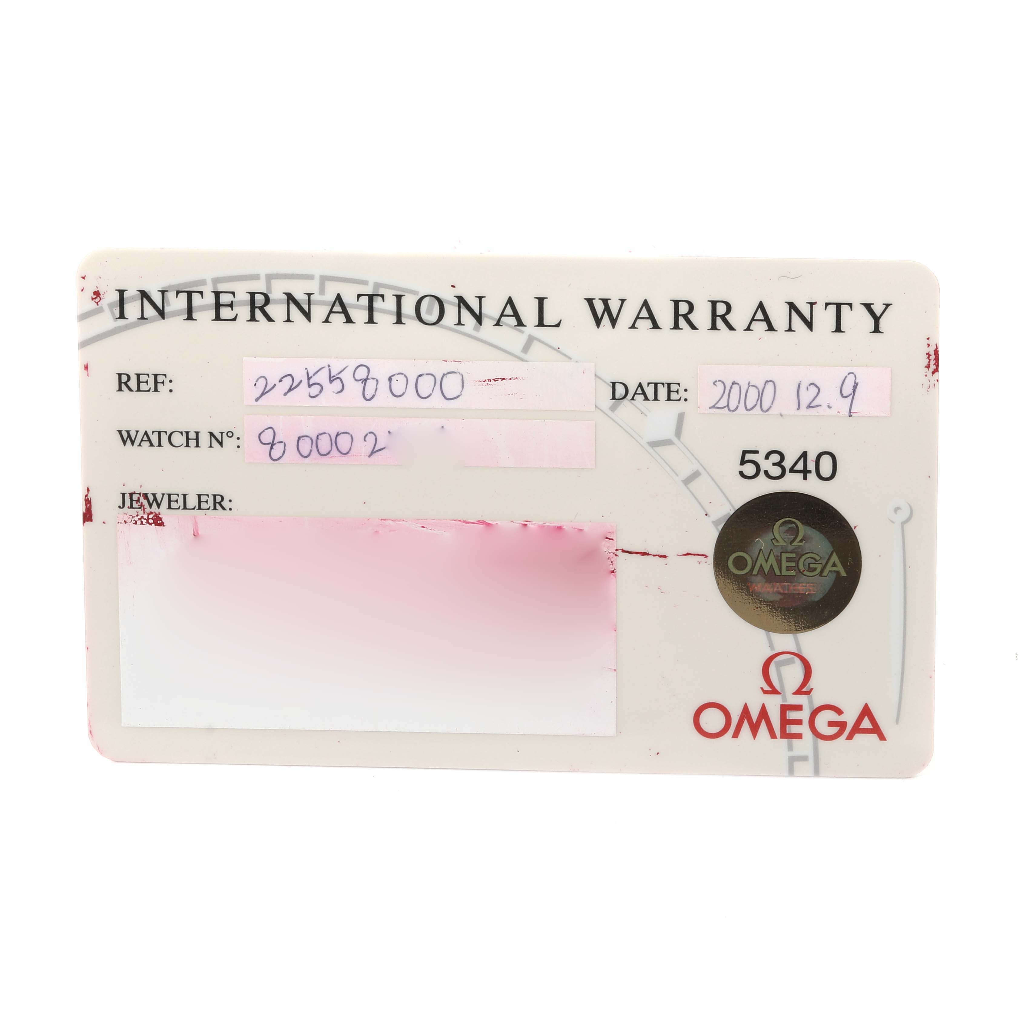 This image shows an International Warranty card for an Omega Seamaster 2255.80.00 Men
s Stainless Steel Blue Dial 2255.80.00 Men
s Stainless Steel Blue Dial watch, listing reference, watch number, date, and jeweler details.