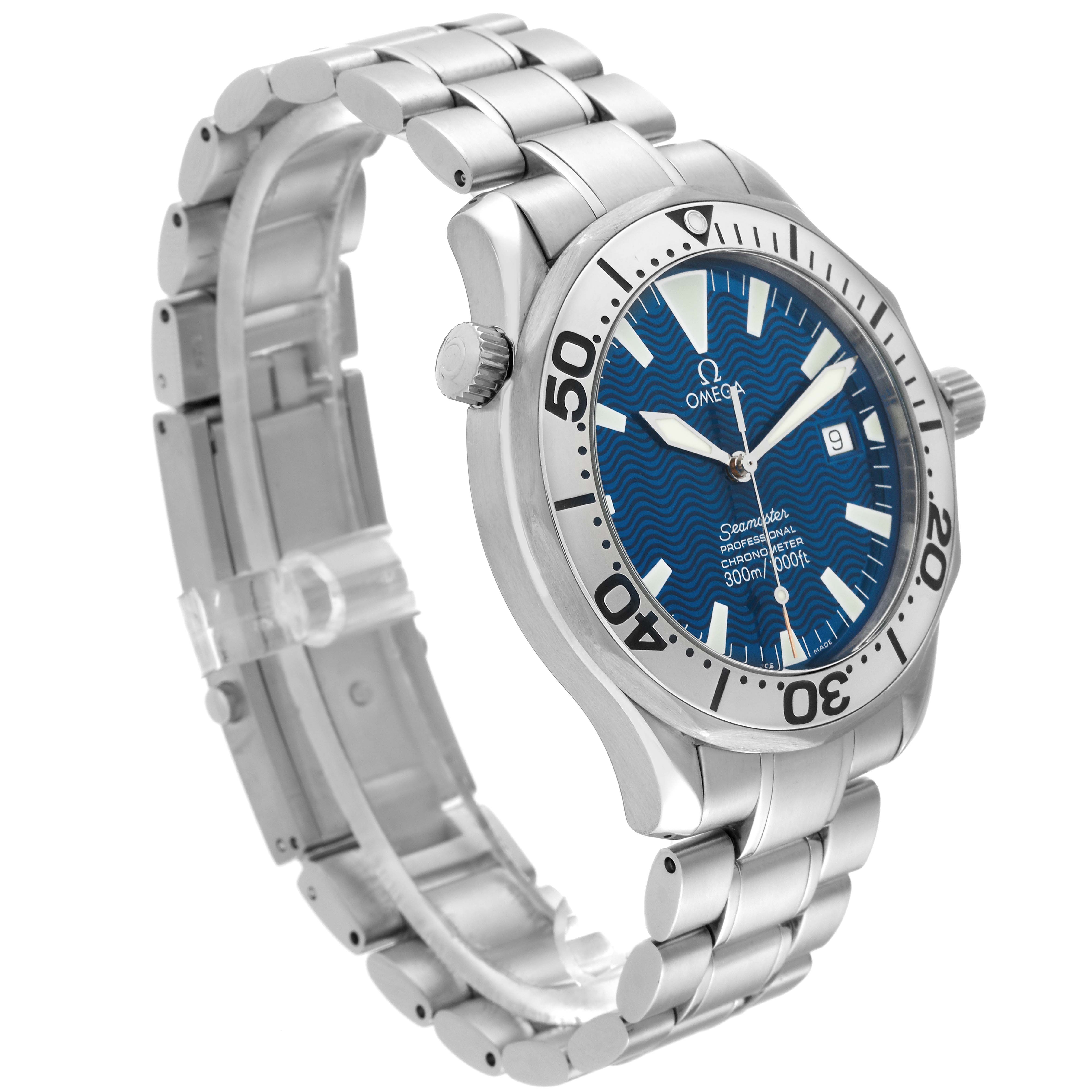 The Omega Seamaster 2255.80.00 Men
s Stainless Steel Blue Dial 2255.80.00 Men
s Stainless Steel Blue Dial watch is shown at a three-quarter angle, displaying its face, bezel, crown, and bracelet.