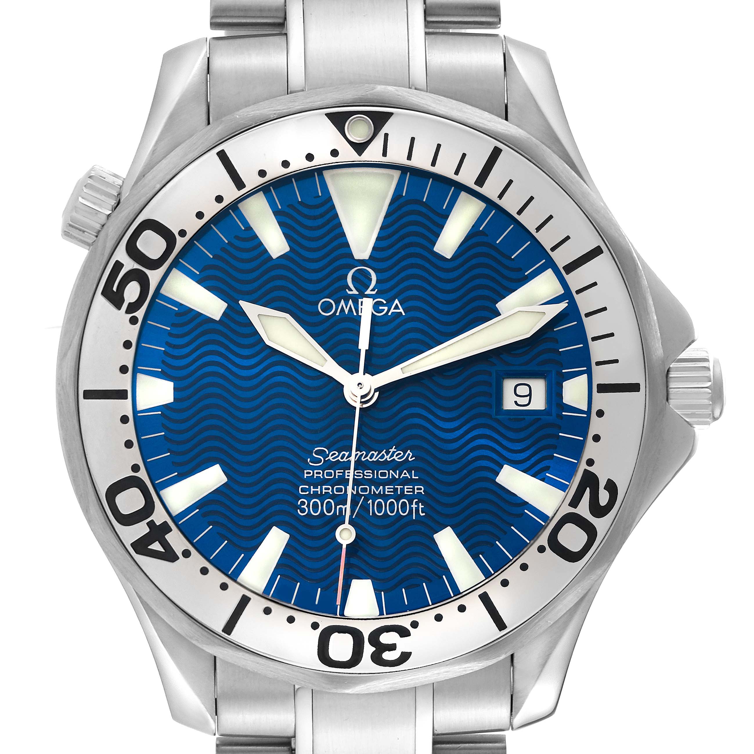 The image shows a frontal view of the Omega Seamaster 2255.80.00 Men
s Stainless Steel Blue Dial 2255.80.00 Men
s Stainless Steel Blue Dial watch, highlighting its blue dial, hands, bezel, and parts of the bracelet.