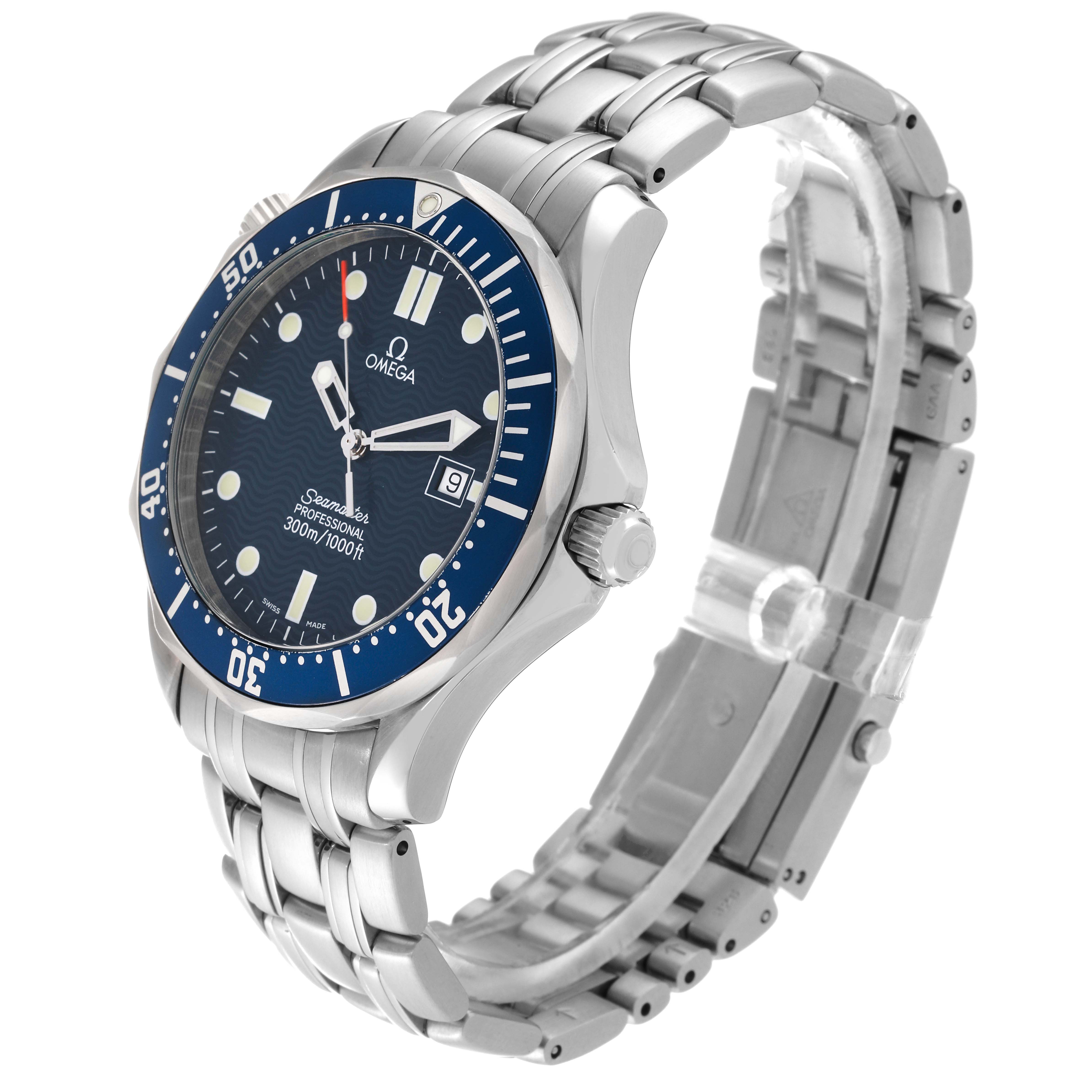 The image shows an angled side view of an Omega Seamaster 2541.80.00 Men's Stainless Steel Blue Dial 2541.80.00 Men's Stainless Steel Blue Dial watch, highlighting its blue dial, bezel, crown, and stainless steel bracelet.