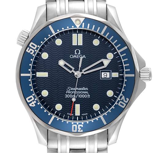 The image shows a front view of the Omega Seamaster watch, highlighting the dial, bezel, and part of the bracelet.