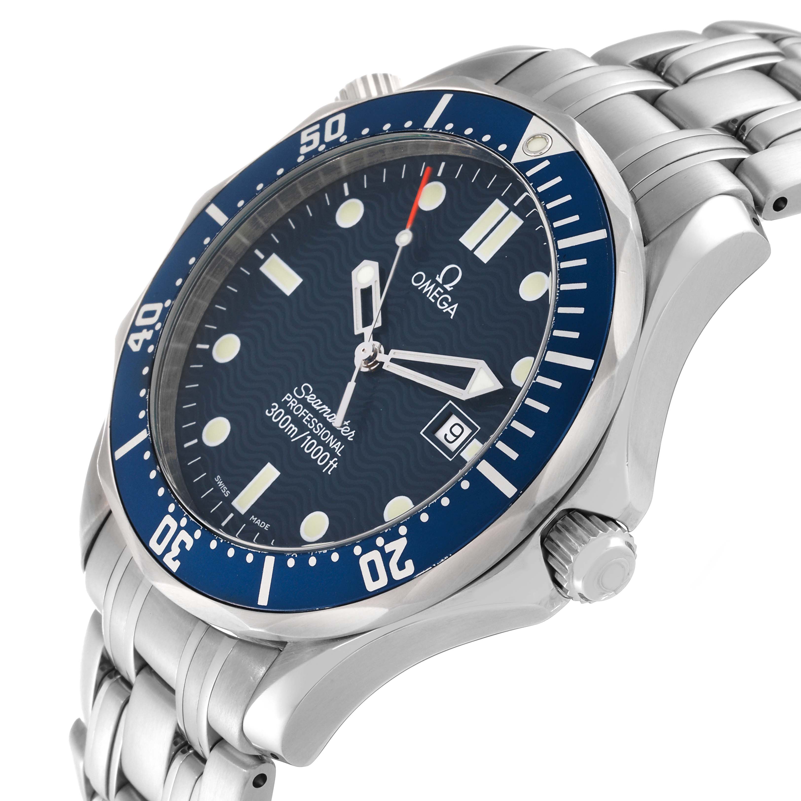 The Omega Seamaster 2541.80.00 Men's Stainless Steel Blue Dial 2541.80.00 Men's Stainless Steel Blue Dial watch is shown at a slight side angle, highlighting its dial, bezel, bracelet, and crown.