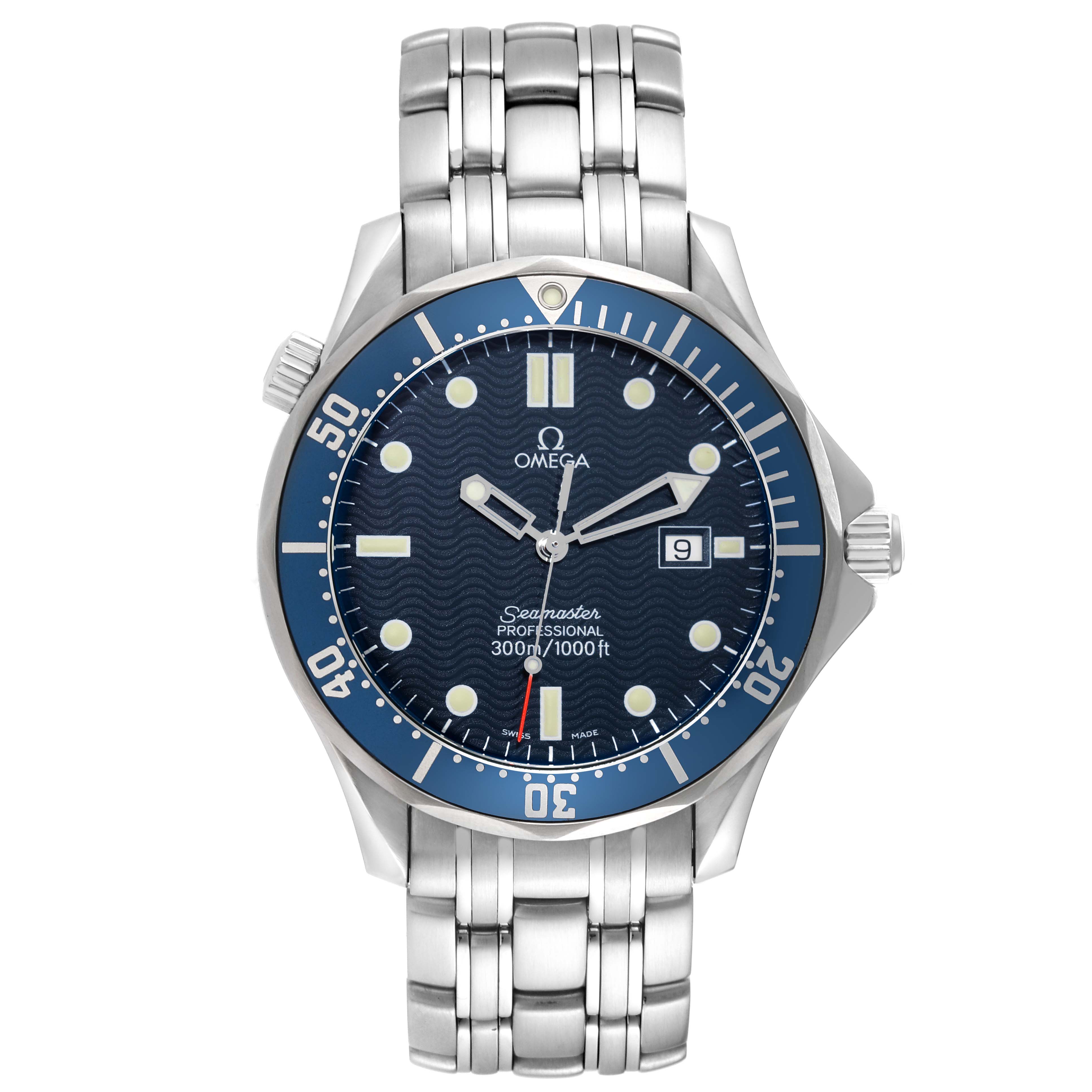 The image shows a front view of the Omega Seamaster 2541.80.00 Men's Stainless Steel Blue Dial 2541.80.00 Men's Stainless Steel Blue Dial watch, displaying its dial, bezel, and stainless steel bracelet.