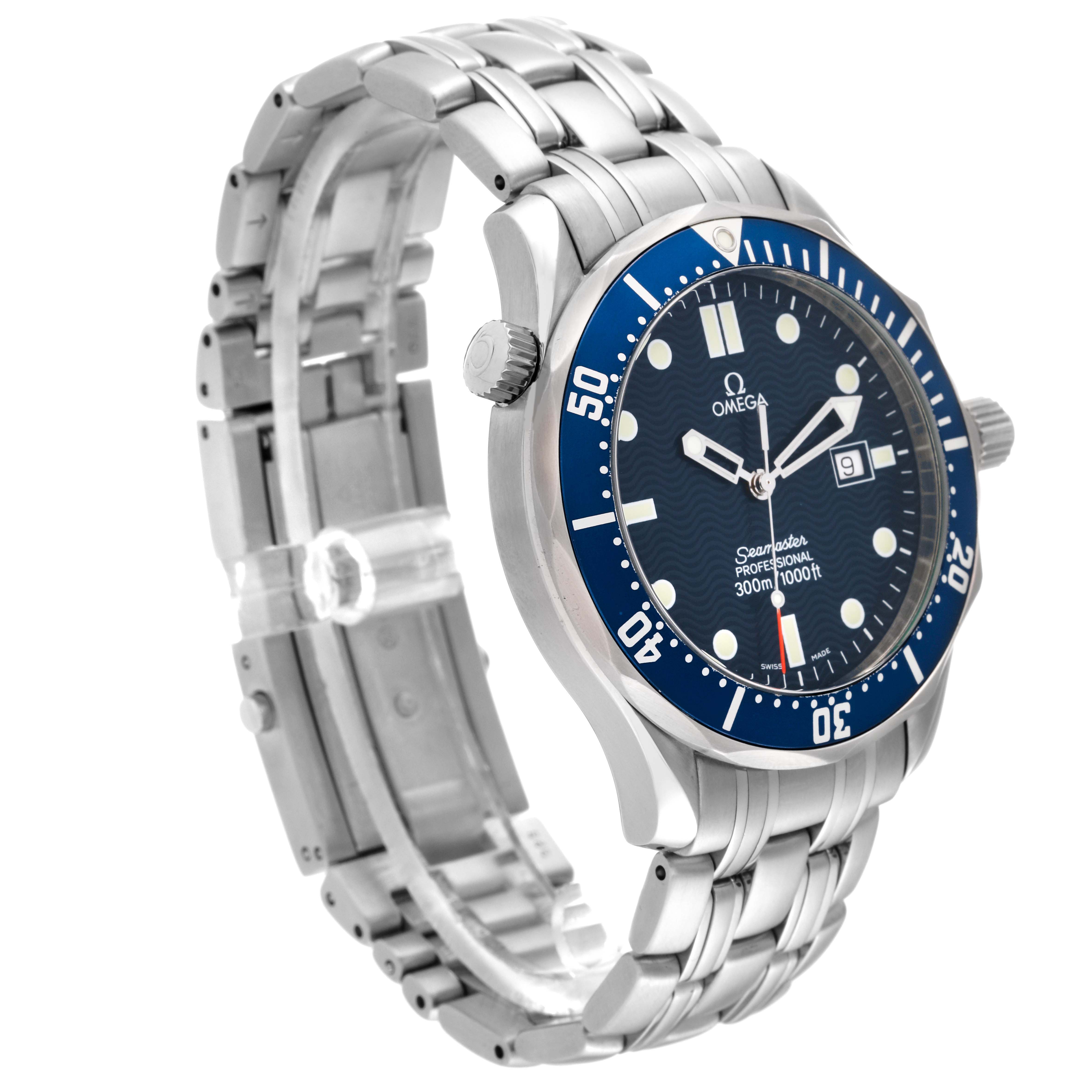 The Omega Seamaster 2541.80.00 Men's Stainless Steel Blue Dial 2541.80.00 Men's Stainless Steel Blue Dial watch is shown at a three-quarter angle with a focus on its face, bezel, and stainless steel bracelet.