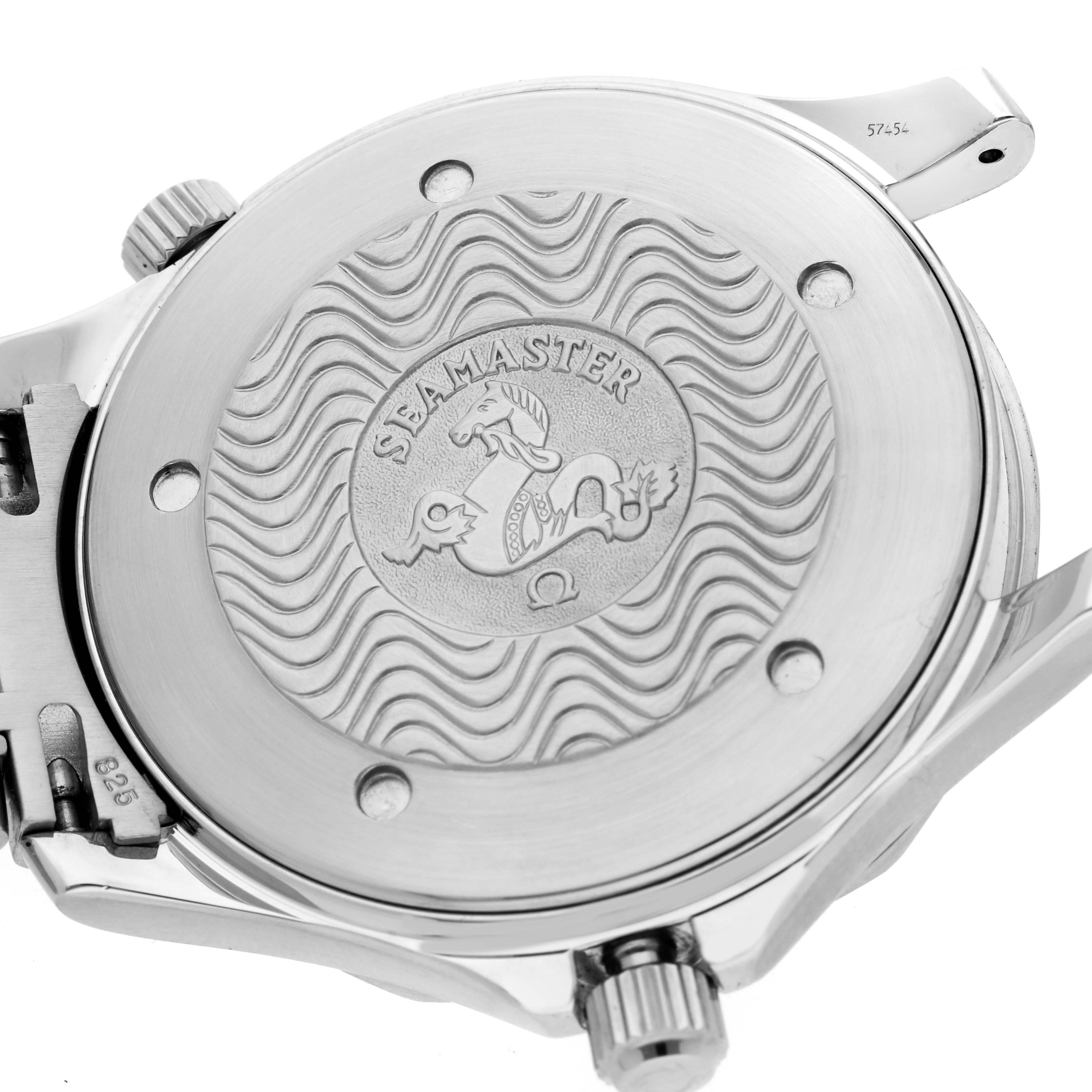 This image shows the back case of an Omega Seamaster 2541.80.00 Men's Stainless Steel Blue Dial 2541.80.00 Men's Stainless Steel Blue Dial watch with its engraved logo and waves design.