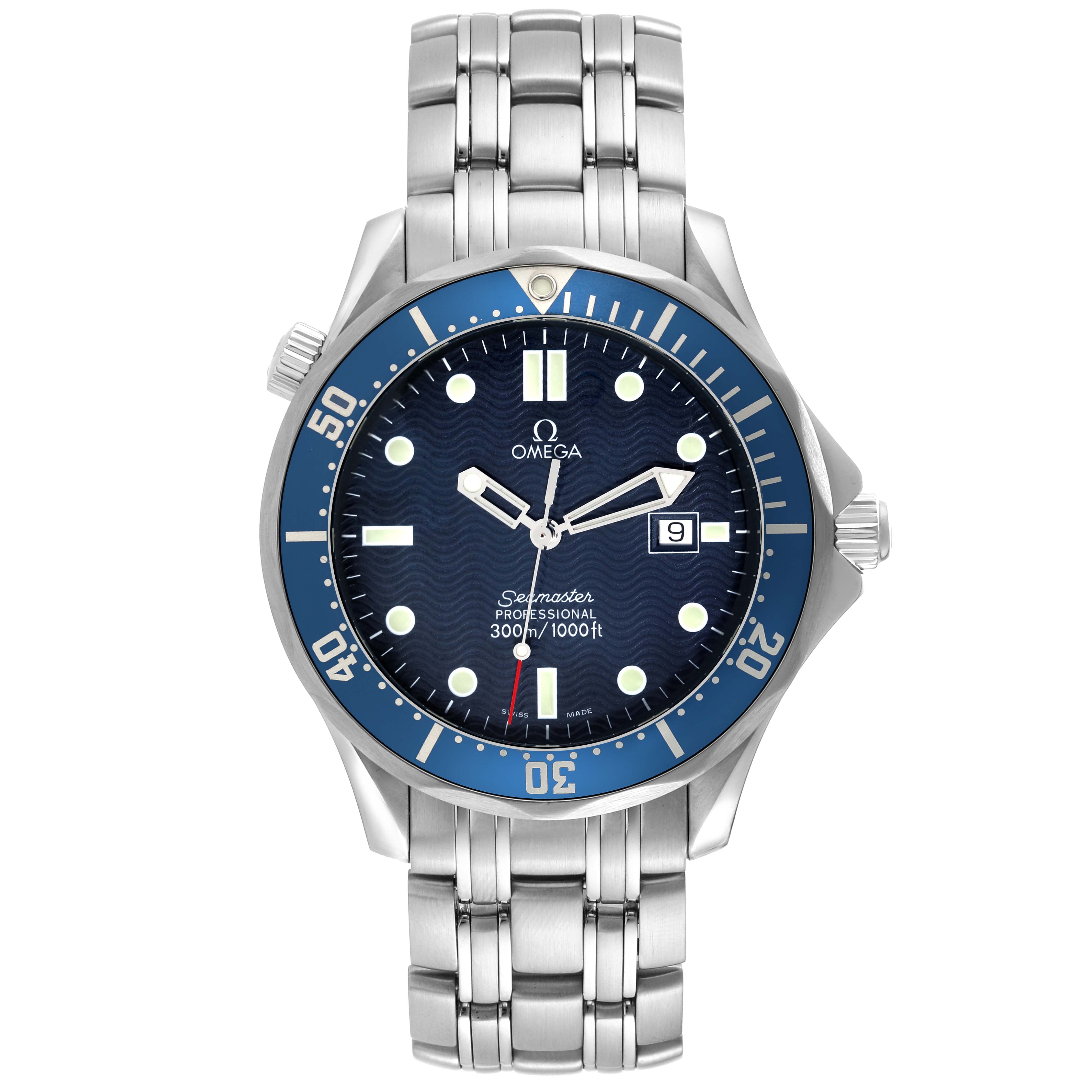 The image shows a front view of the Omega Seamaster 2541.80.00 Men's Stainless Steel Blue Dial 2541.80.00 Men's Stainless Steel Blue Dial watch, featuring a blue dial, stainless steel case, and bracelet.