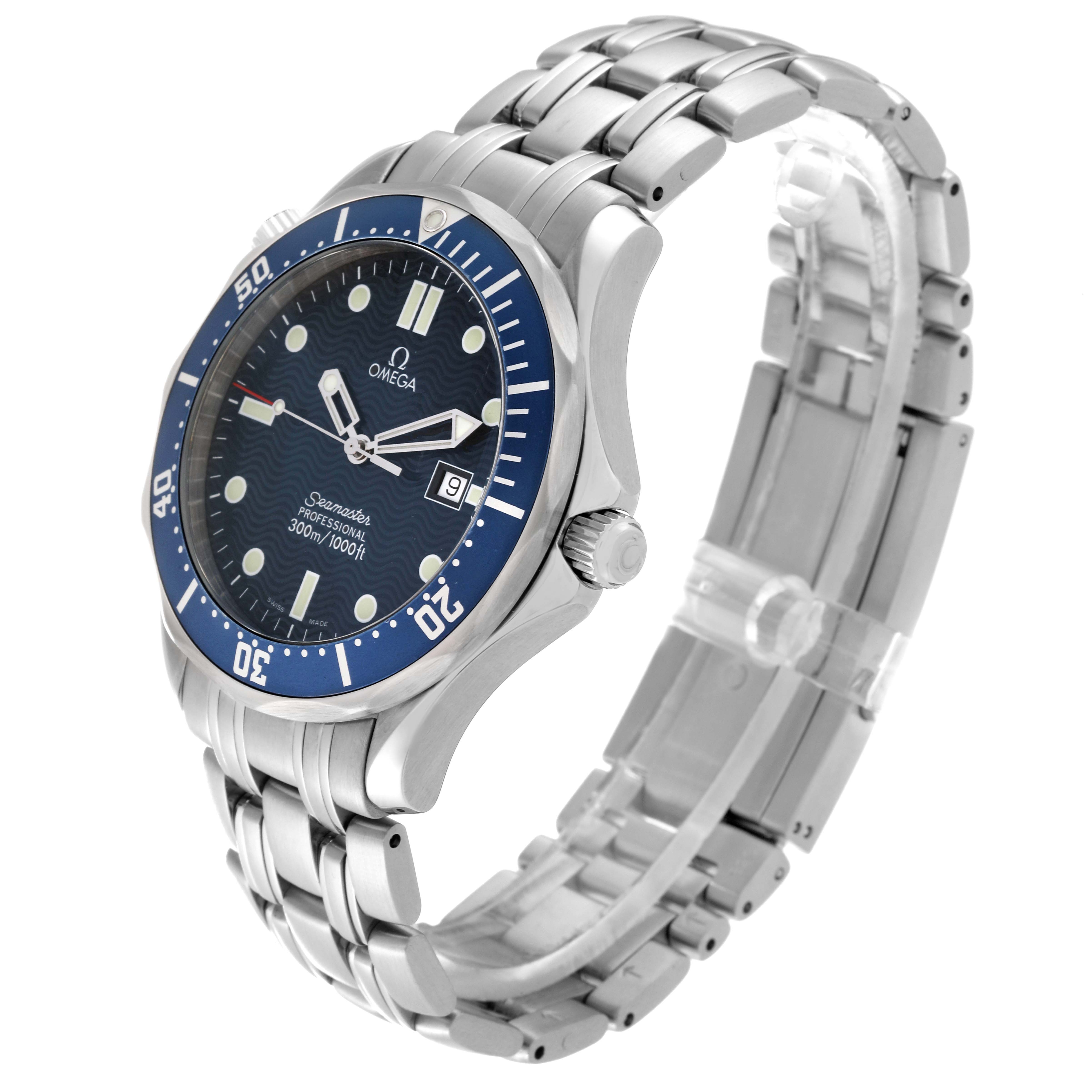 The image shows an Omega Seamaster 2541.80.00 Men's Stainless Steel Blue Dial 2541.80.00 Men's Stainless Steel Blue Dial watch at a three-quarter angle, highlighting the face, bezel, crown, and stainless steel bracelet.