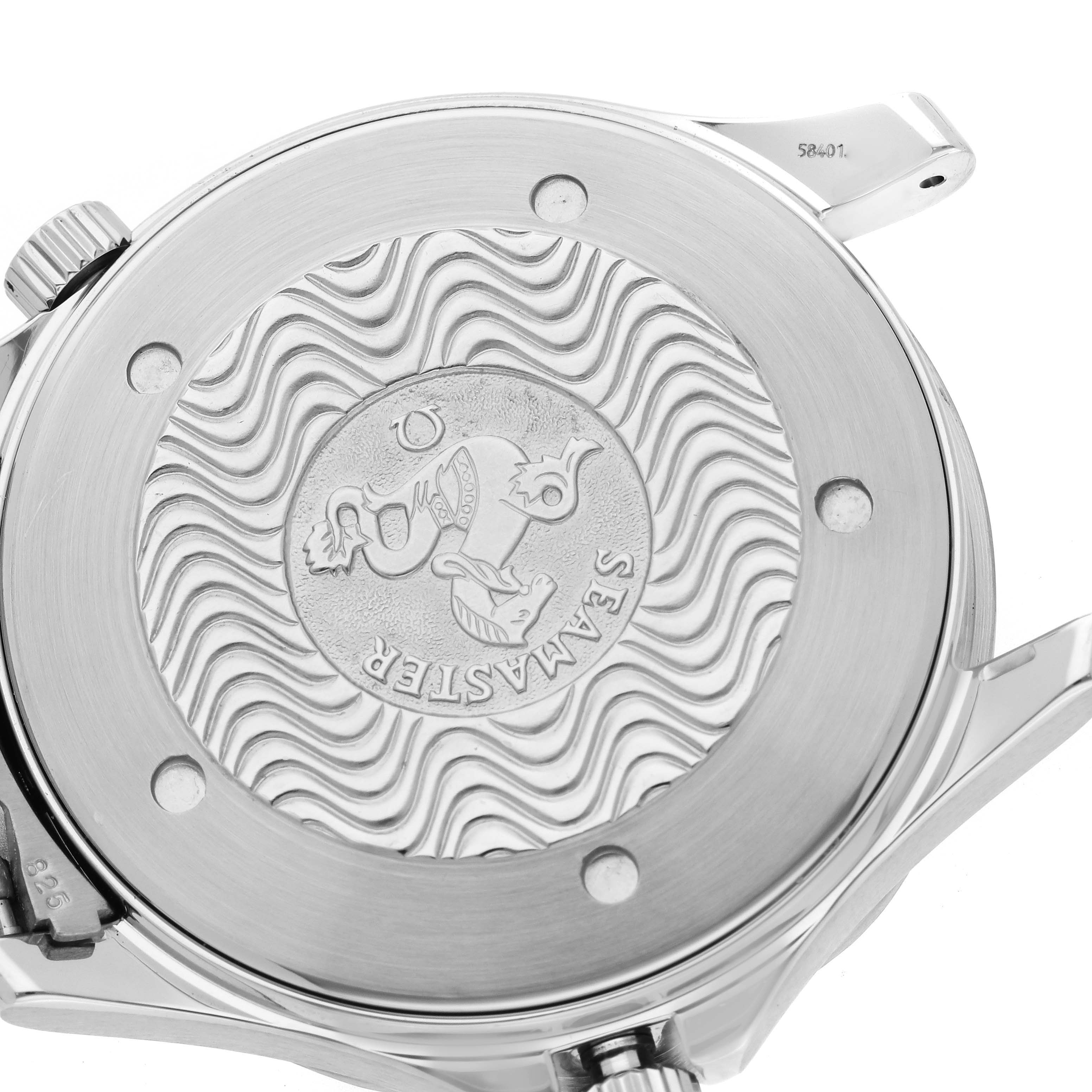 The image shows the case back of an Omega Seamaster 2541.80.00 Men's Stainless Steel Blue Dial 2541.80.00 Men's Stainless Steel Blue Dial watch, featuring the brand's emblem and wave pattern.