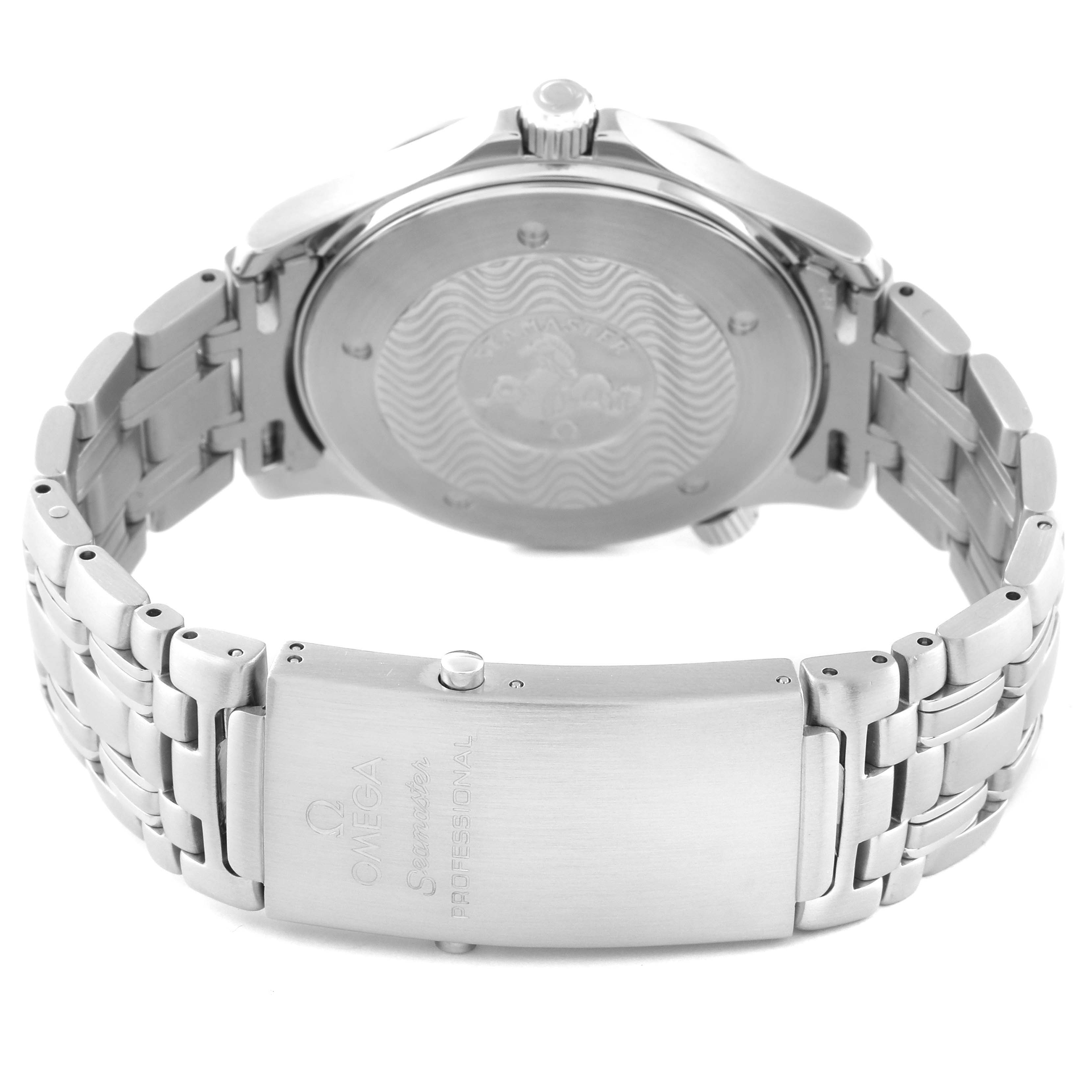 This image shows the back case and clasp of an Omega Seamaster 2541.80.00 Men's Stainless Steel Blue Dial 2541.80.00 Men's Stainless Steel Blue Dial watch, with the bracelet and crown visible.