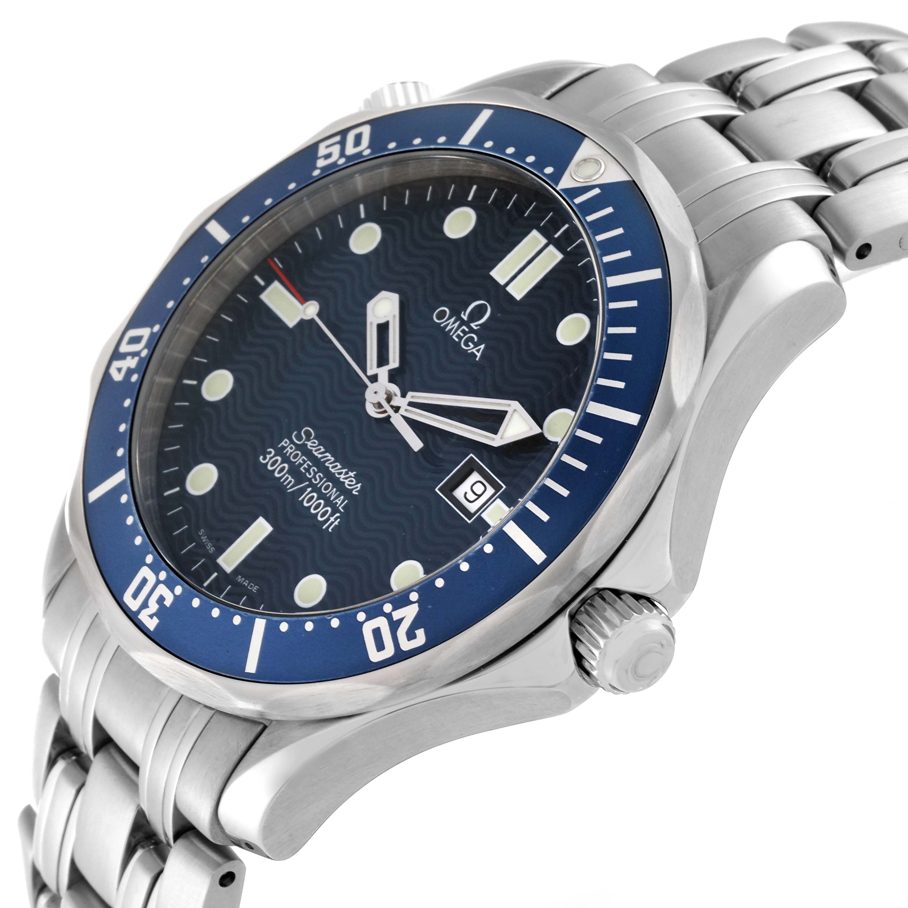 This Omega Seamaster 2541.80.00 Men's Stainless Steel Blue Dial 2541.80.00 Men's Stainless Steel Blue Dial watch is shown at an angle highlighting the face, bezel, crown, and part of the bracelet.