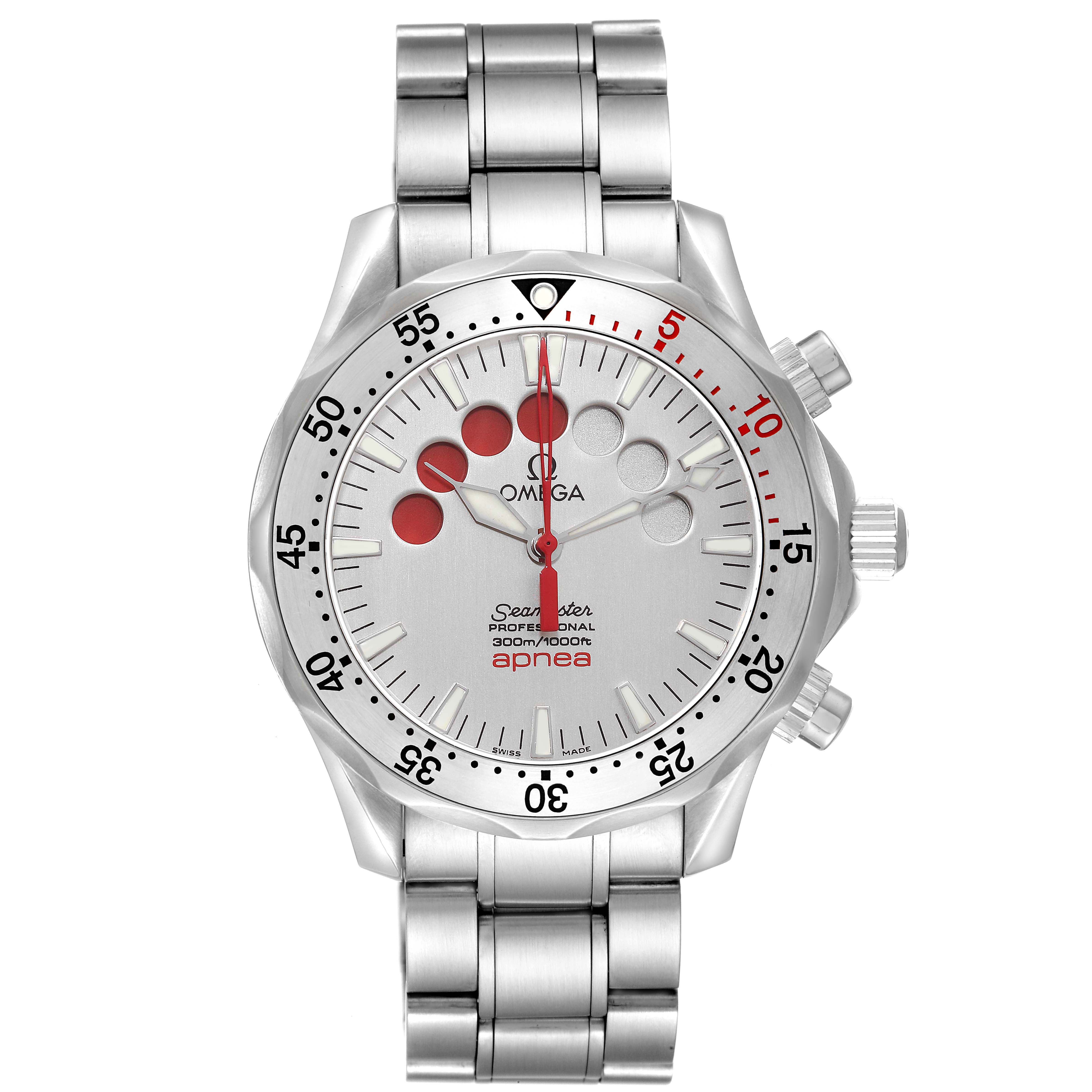 The Omega Seamaster 2595.30.00 Men
s Stainless Steel Silver Dial watch is shown from the front, displaying its face, bezel, and bracelet.