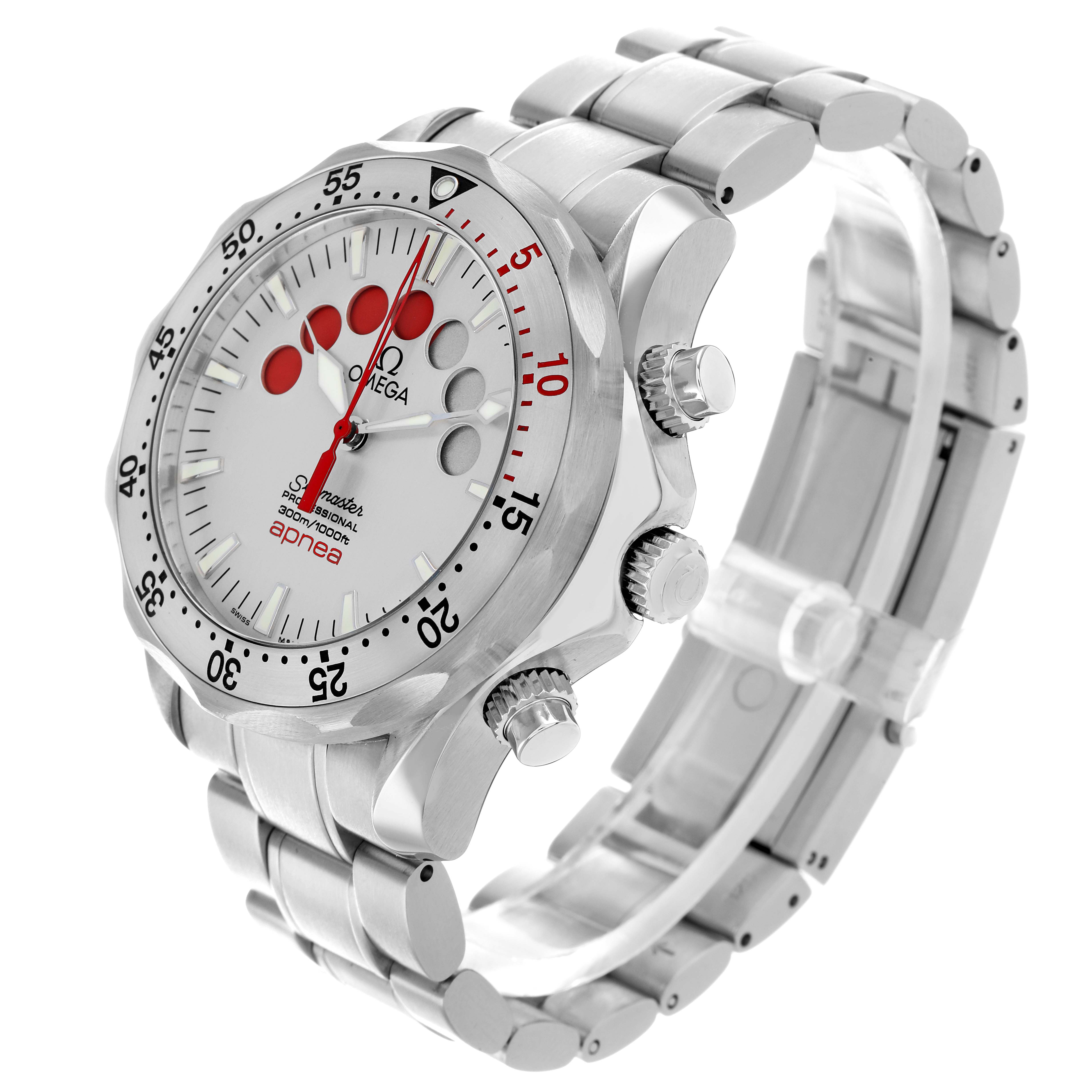 The Omega Seamaster 2595.30.00 Men
s Stainless Steel Silver Dial watch is shown at a three-quarter angle, highlighting the face, bezel, crown, and bracelet.