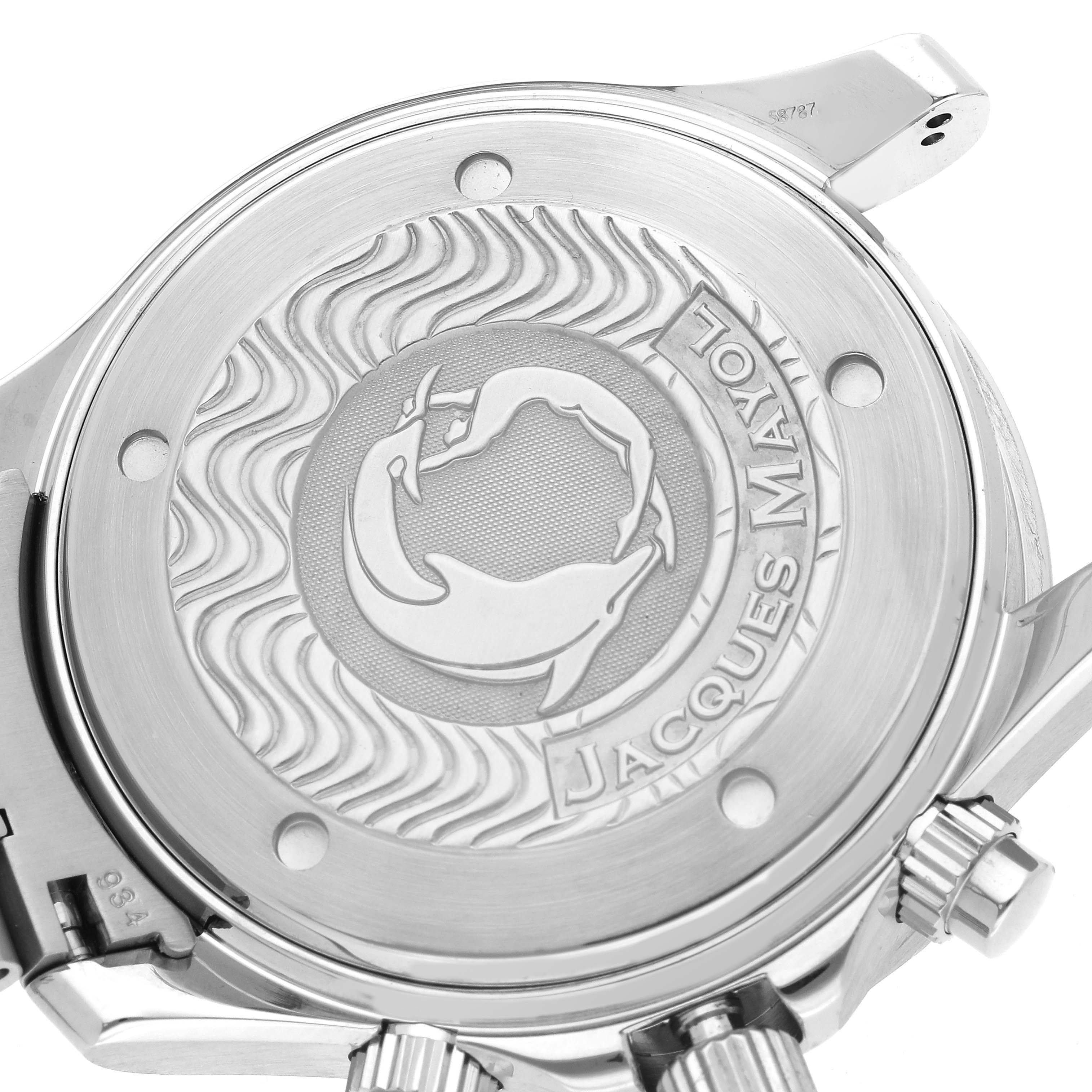 The image shows the back of an Omega Seamaster 2595.30.00 Men
s Stainless Steel Silver Dial watch, highlighting the engraved design and the crown.