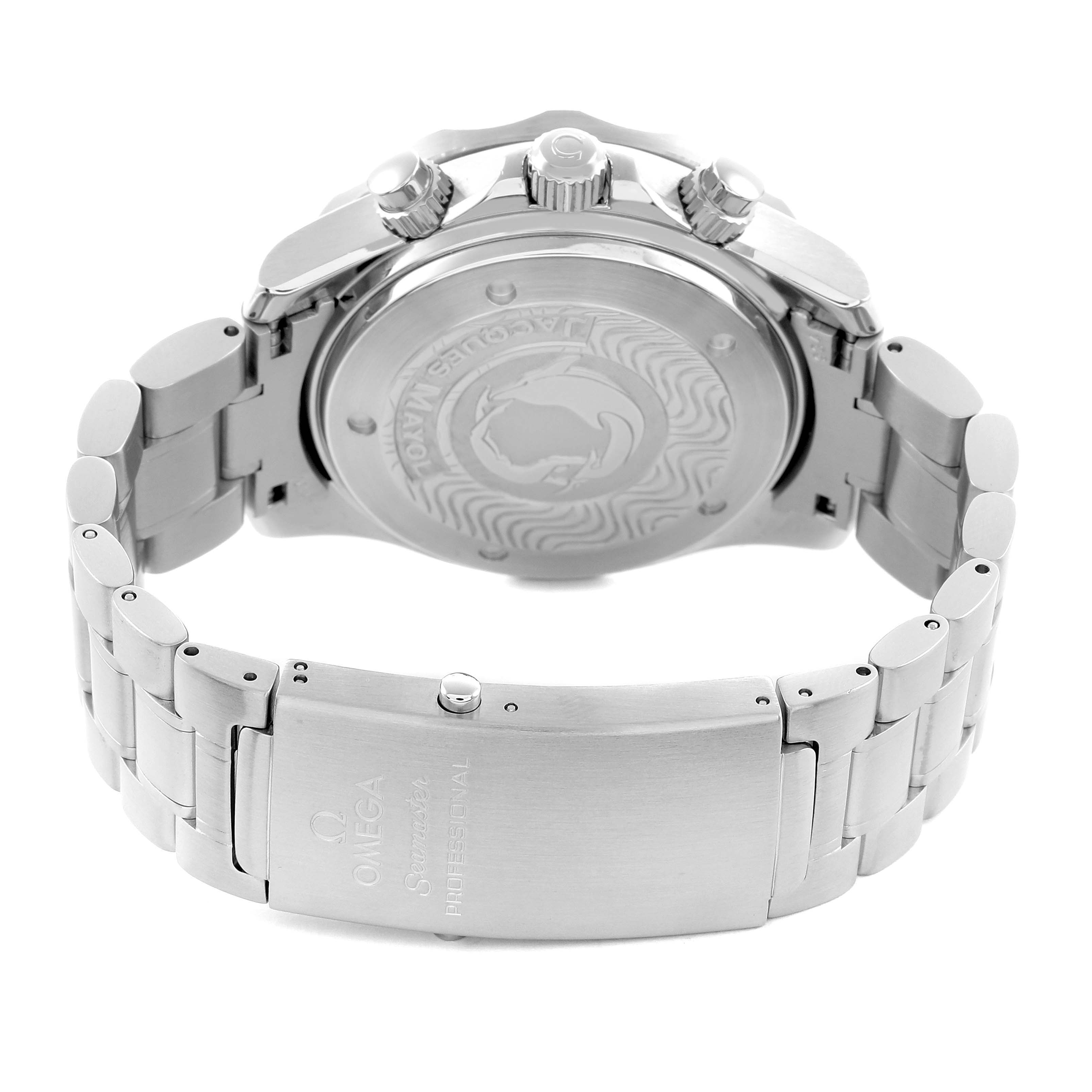 The Omega Seamaster 2595.30.00 Men
s Stainless Steel Silver Dial watch is shown from the back, highlighting the case back, crown, pushers, and bracelet clasp.