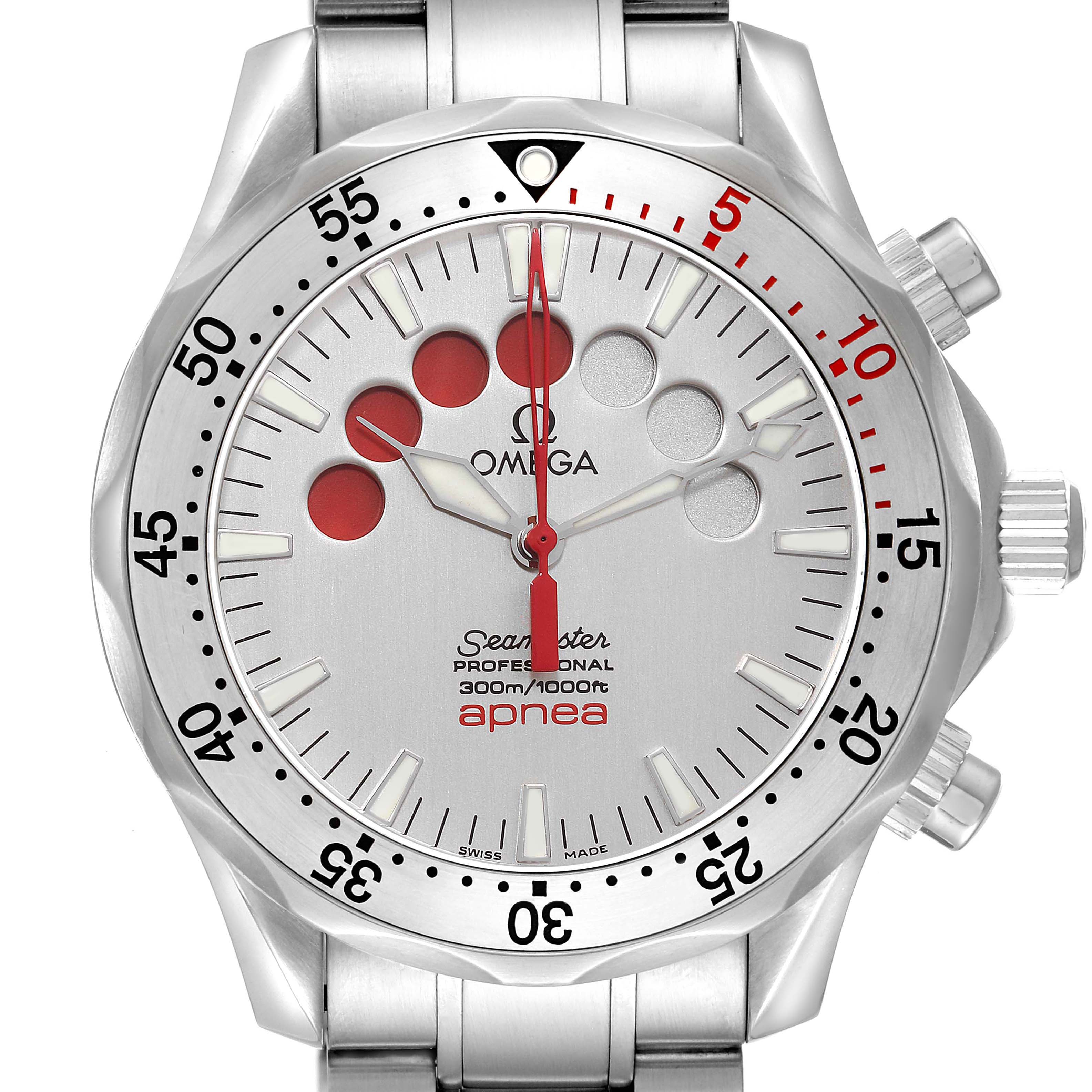 The Omega Seamaster 2595.30.00 Men
s Stainless Steel Silver Dial Apnea watch is shown from a frontal angle, highlighting its dial, bezel, and bracelet.