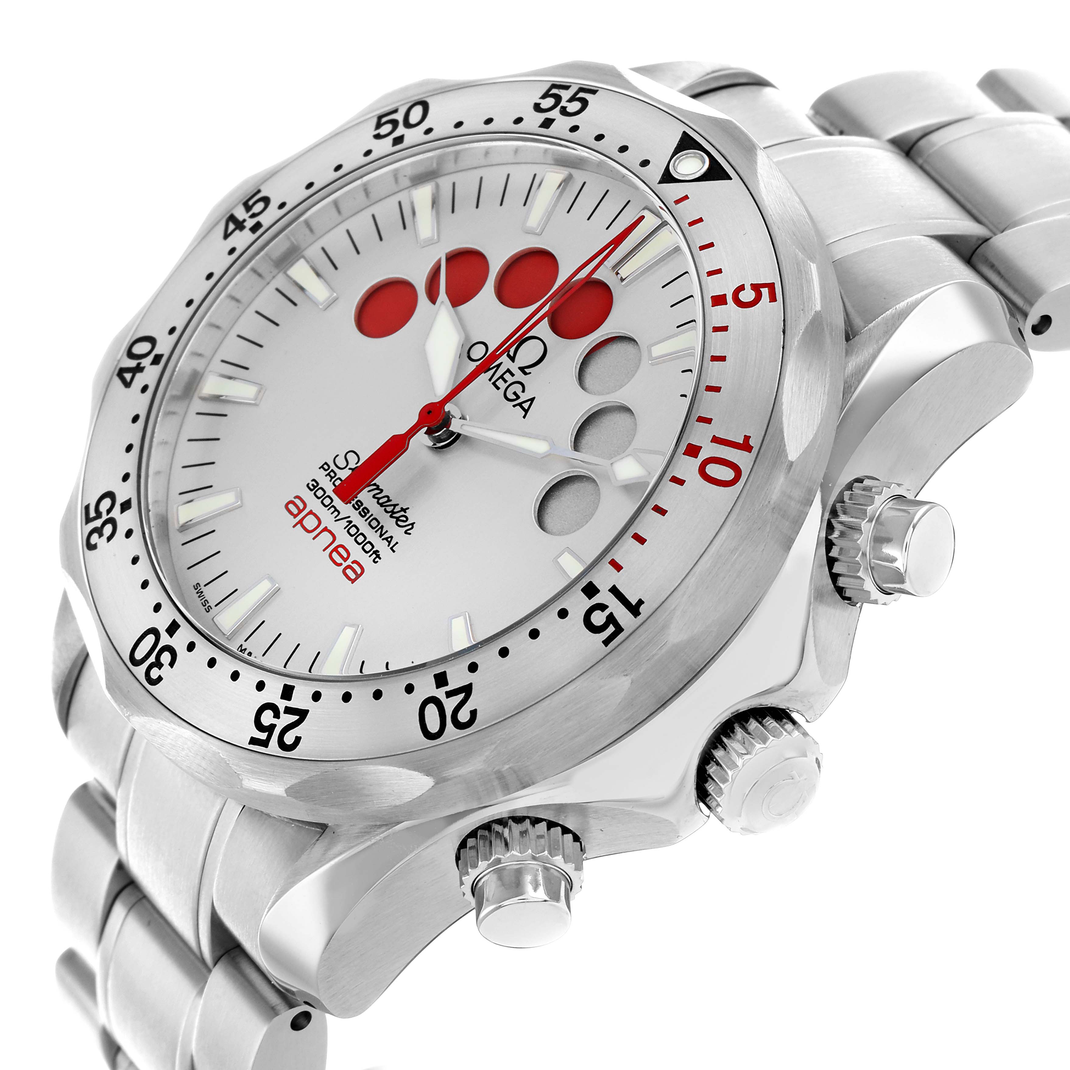 The Omega Seamaster 2595.30.00 Men
s Stainless Steel Silver Dial watch is shown at an angled close-up, highlighting the dial, bezel, crown, and bracelet links.