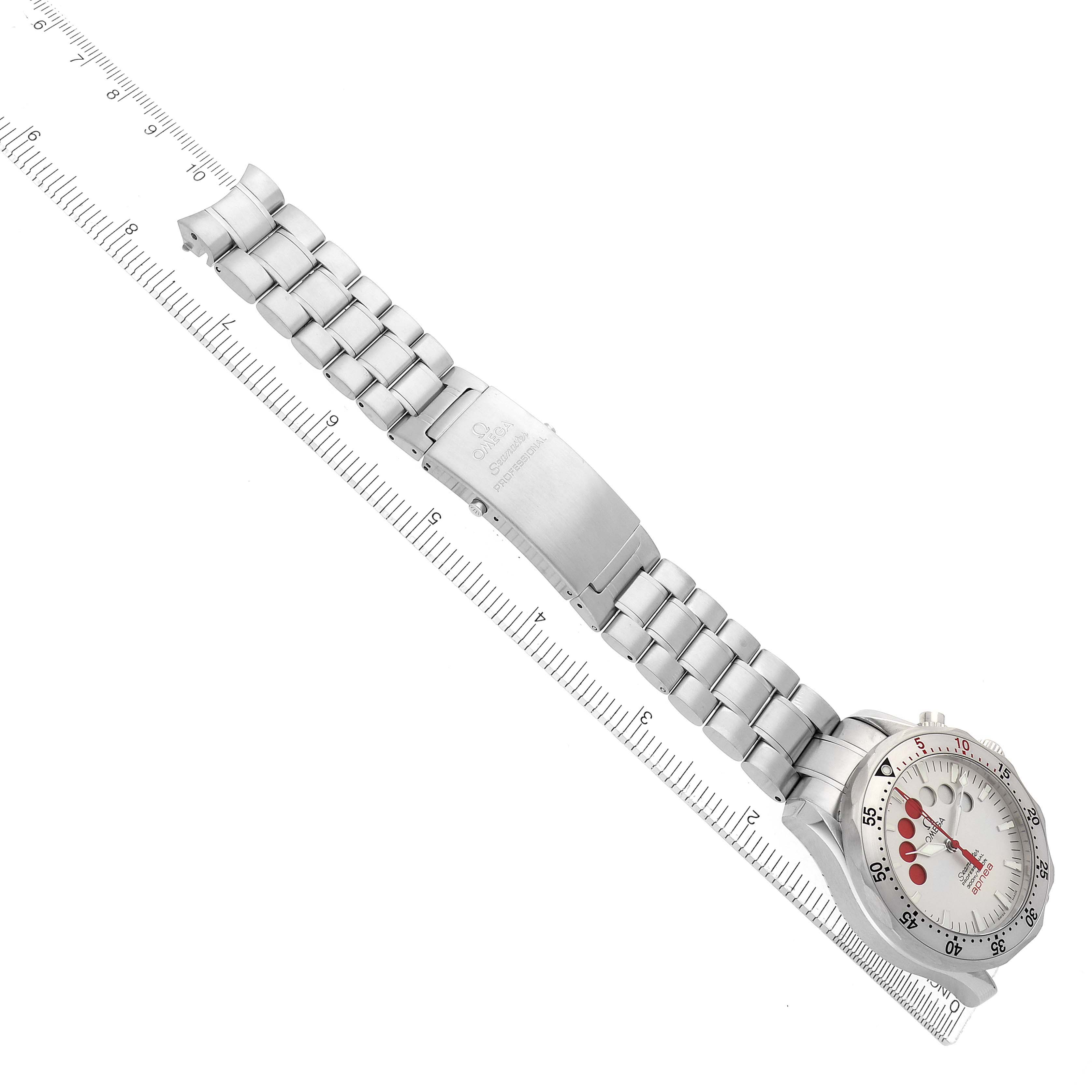 The Omega Seamaster 2595.30.00 Men
s Stainless Steel Silver Dial watch is shown from a top-down angle, displaying the full bracelet and clasp alongside a partial view of the dial.